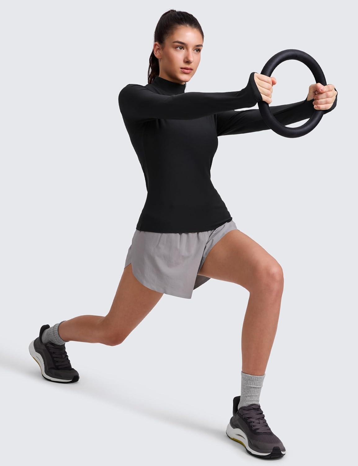 imageCRZ YOGA Cloudweight Mock Neck Shirts for Women Workout Athletic Long Sleeve Tops Lightweight Soft Hip TShirtBlack