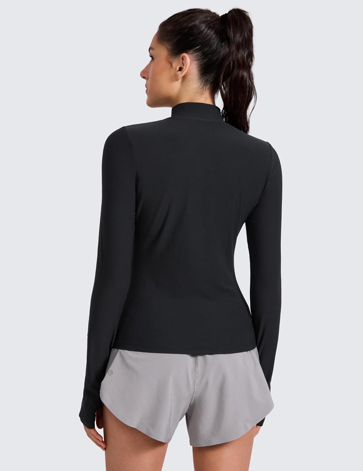 imageCRZ YOGA Cloudweight Mock Neck Shirts for Women Workout Athletic Long Sleeve Tops Lightweight Soft Hip TShirtBlack