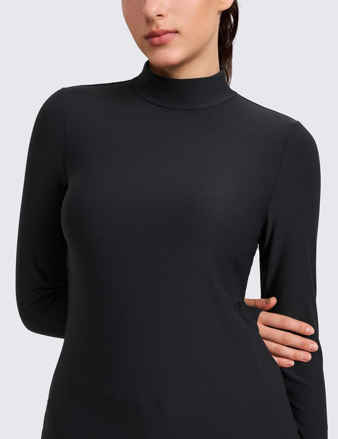 imageCRZ YOGA Cloudweight Mock Neck Shirts for Women Workout Athletic Long Sleeve Tops Lightweight Soft Hip TShirtBlack
