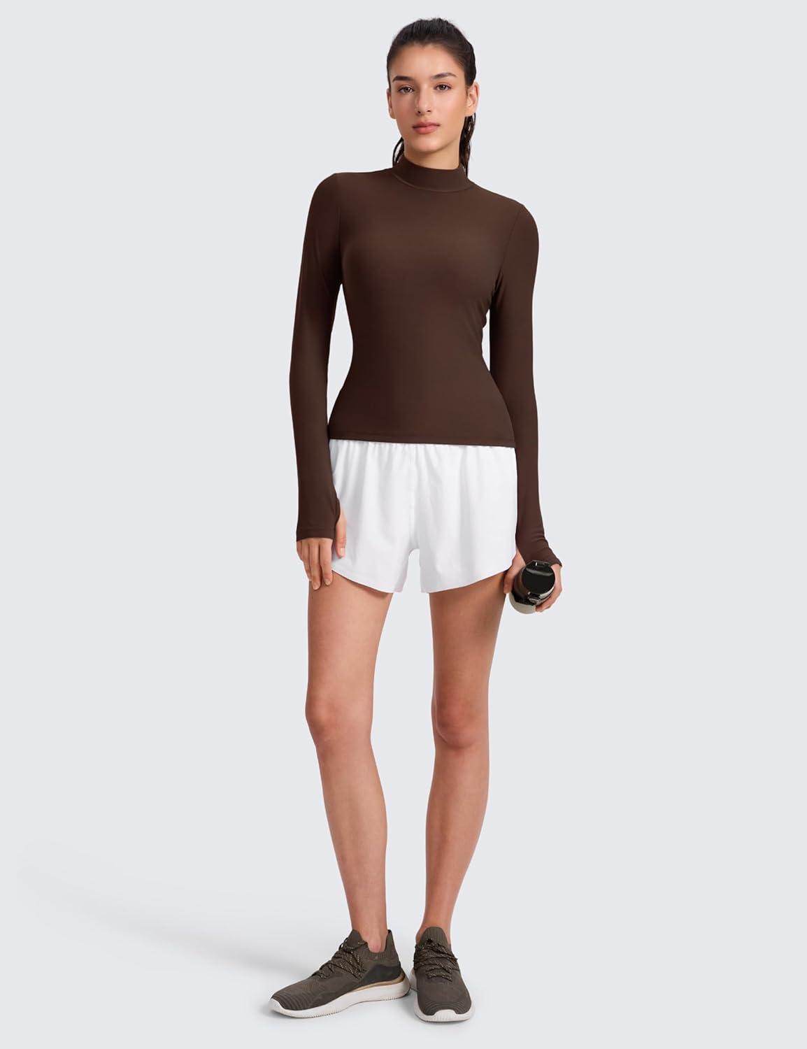 imageCRZ YOGA Cloudweight Mock Neck Shirts for Women Workout Athletic Long Sleeve Tops Lightweight Soft Hip TShirtCoffee Brown