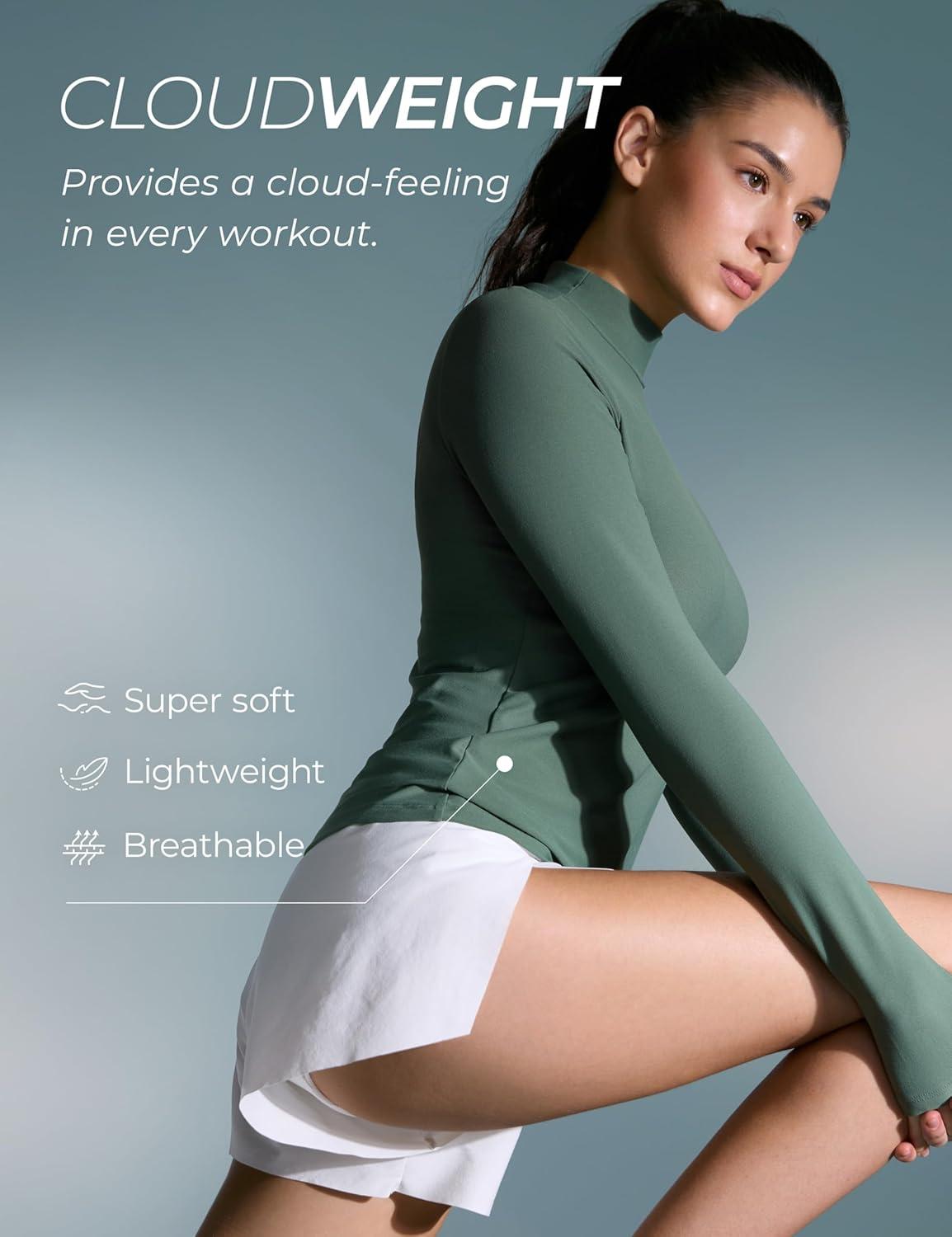 imageCRZ YOGA Cloudweight Mock Neck Shirts for Women Workout Athletic Long Sleeve Tops Lightweight Soft Hip TShirtGraphite Green