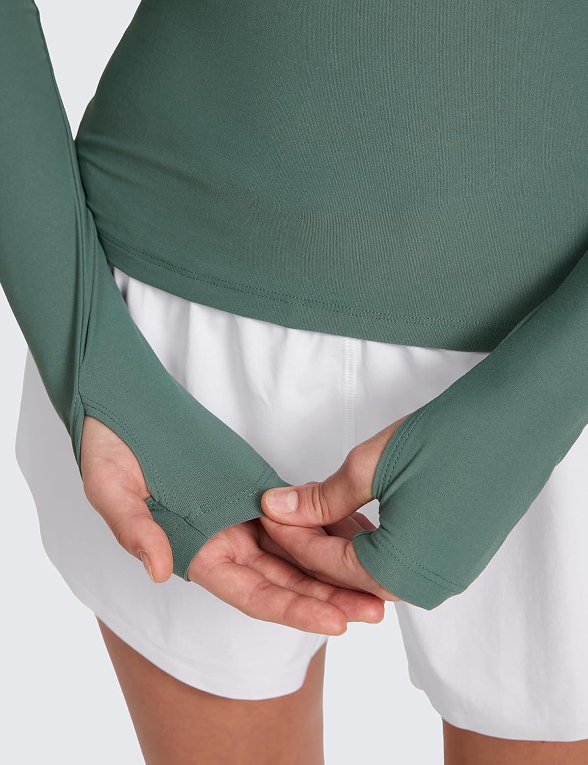 imageCRZ YOGA Cloudweight Mock Neck Shirts for Women Workout Athletic Long Sleeve Tops Lightweight Soft Hip TShirtGraphite Green