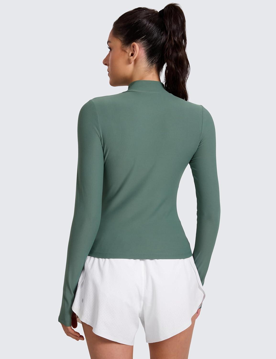 imageCRZ YOGA Cloudweight Mock Neck Shirts for Women Workout Athletic Long Sleeve Tops Lightweight Soft Hip TShirtGraphite Green