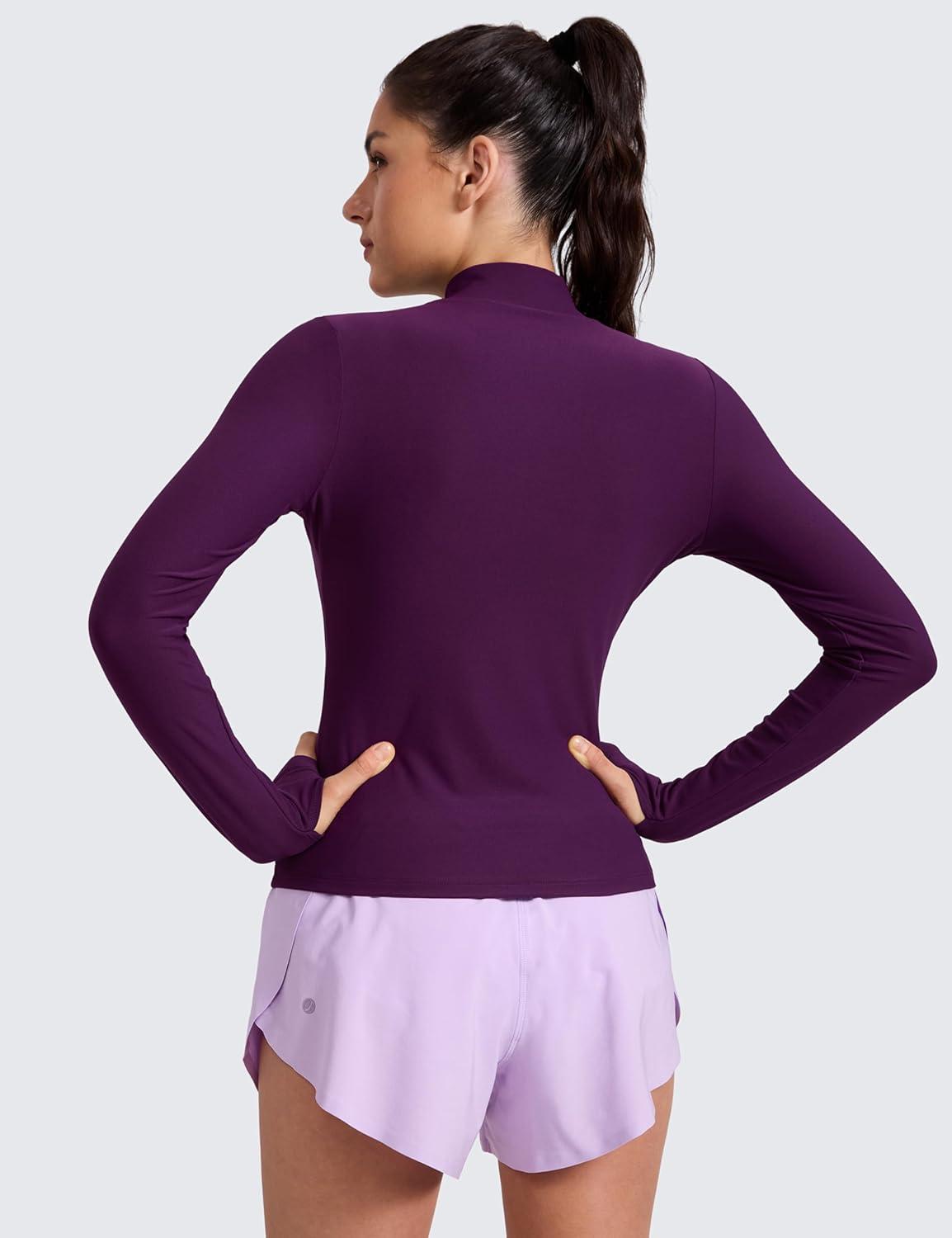 imageCRZ YOGA Cloudweight Mock Neck Shirts for Women Workout Athletic Long Sleeve Tops Lightweight Soft Hip TShirtPlum Magenta