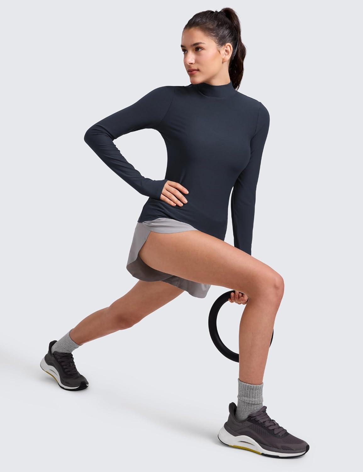 imageCRZ YOGA Cloudweight Mock Neck Shirts for Women Workout Athletic Long Sleeve Tops Lightweight Soft Hip TShirtTrue Navy