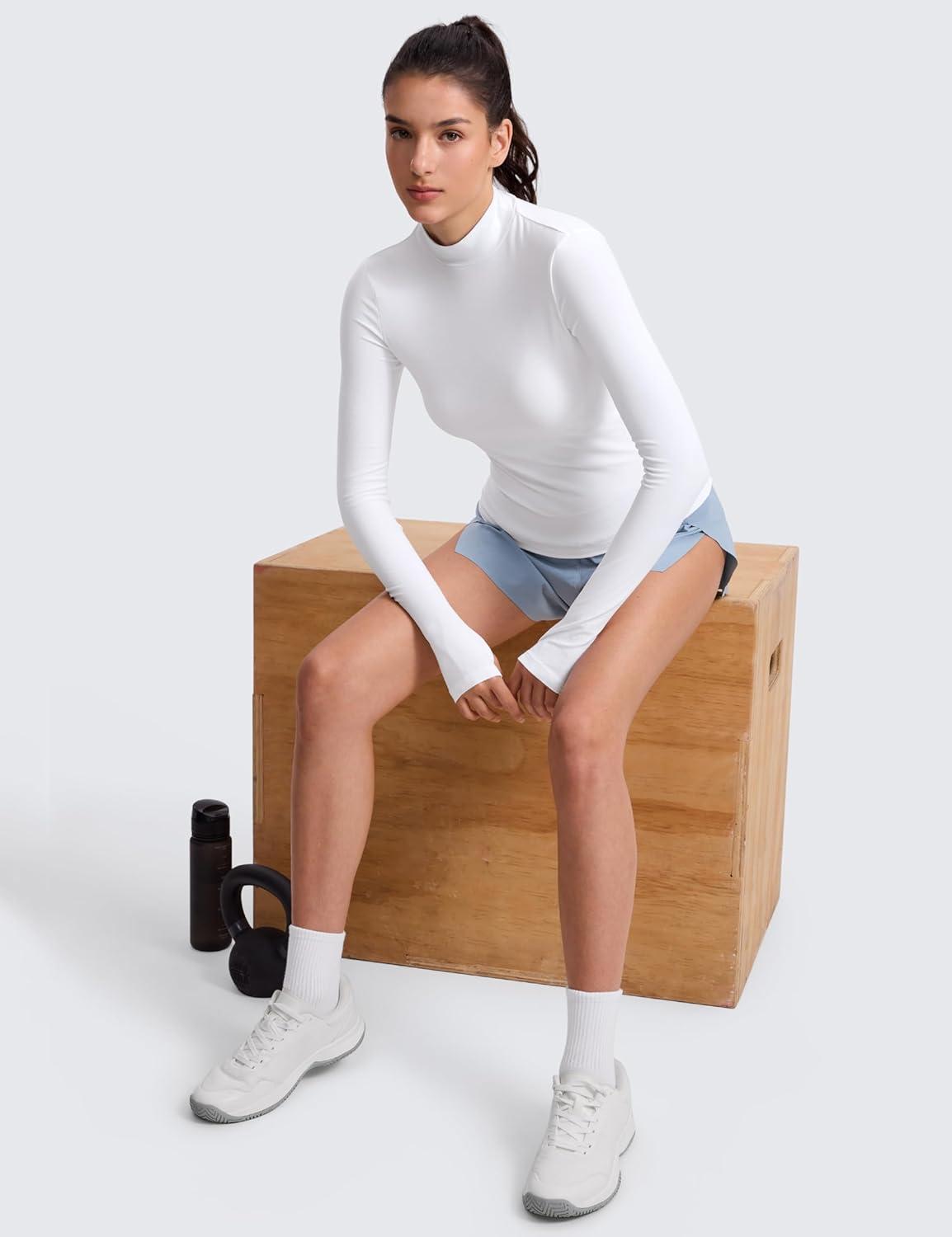 imageCRZ YOGA Cloudweight Mock Neck Shirts for Women Workout Athletic Long Sleeve Tops Lightweight Soft Hip TShirtWhite