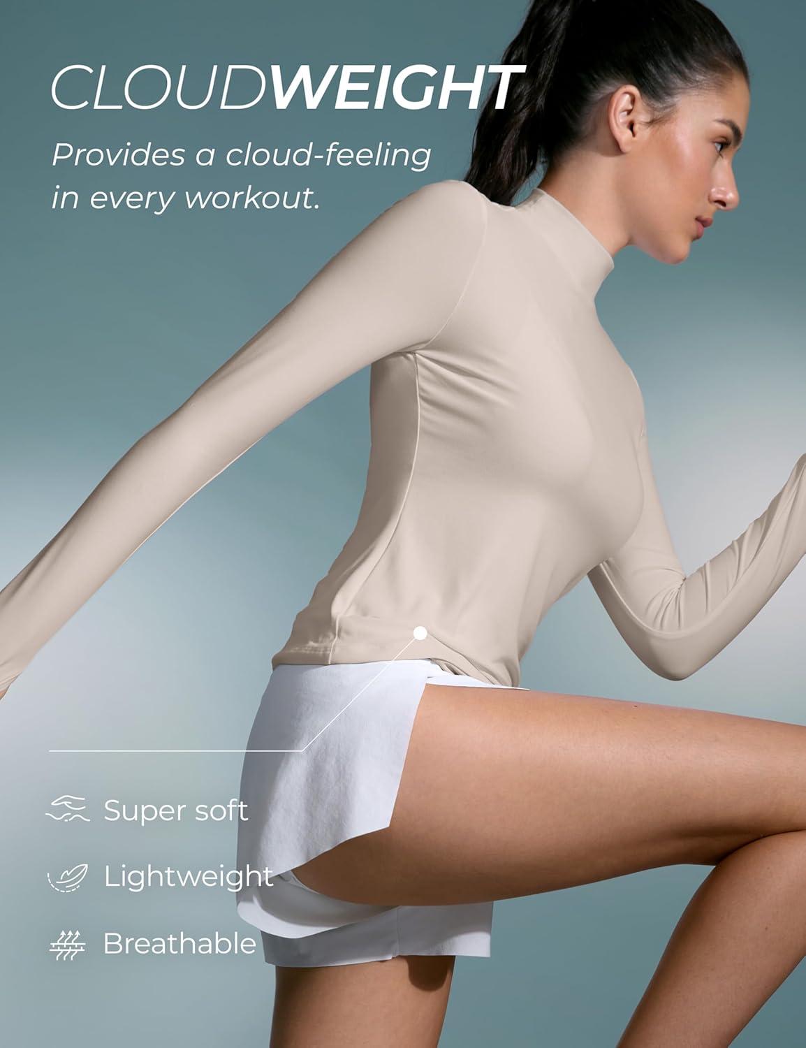 imageCRZ YOGA Cloudweight Mock Neck Shirts for Women Workout Athletic Long Sleeve Tops Lightweight Soft Hip TShirtWhite Opal