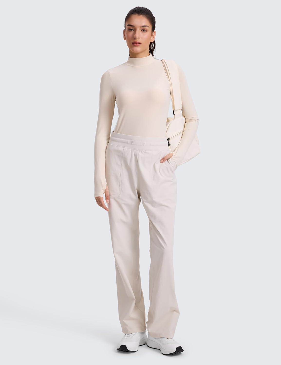 imageCRZ YOGA Cloudweight Mock Neck Shirts for Women Workout Athletic Long Sleeve Tops Lightweight Soft Hip TShirtWhite Opal