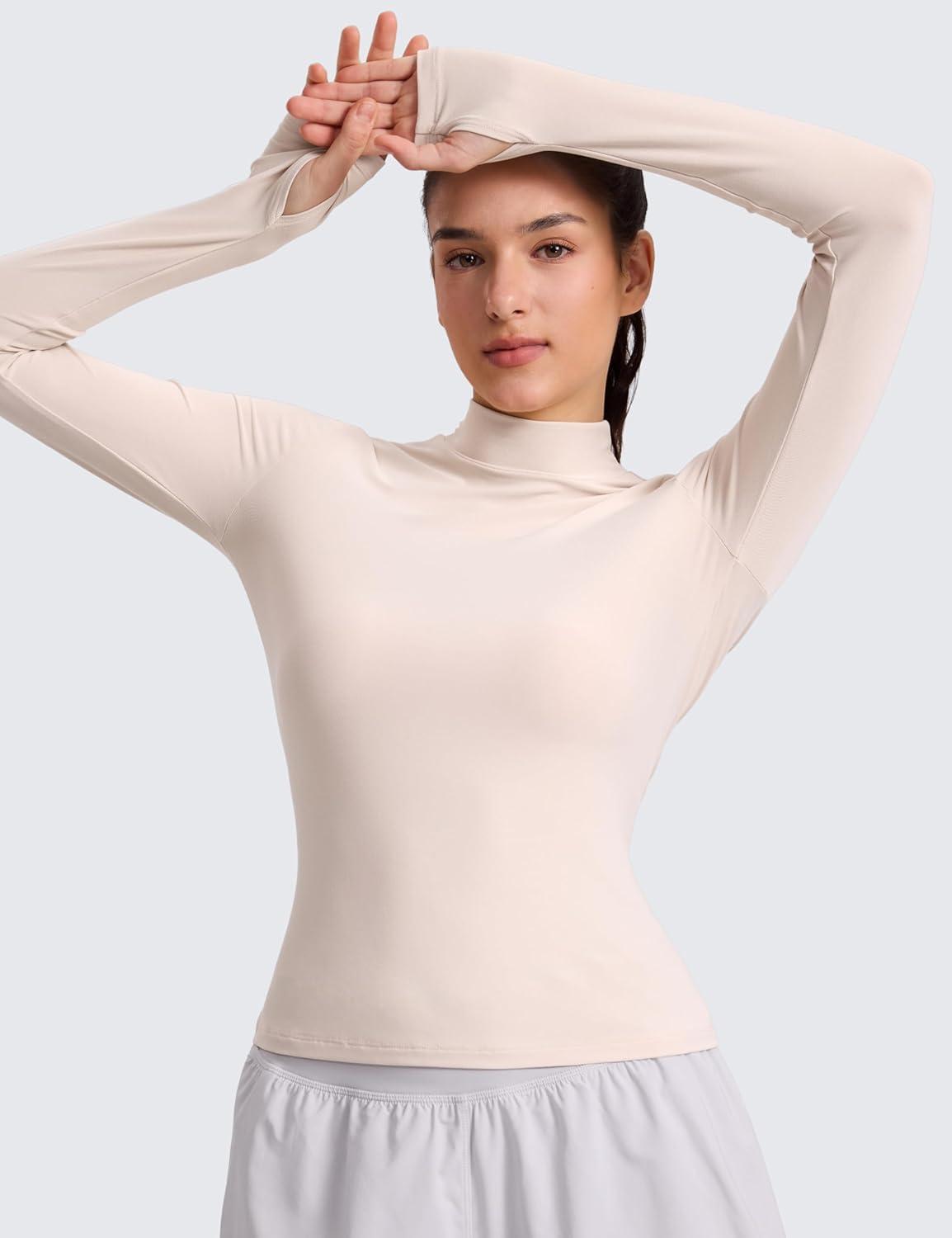 imageCRZ YOGA Cloudweight Mock Neck Shirts for Women Workout Athletic Long Sleeve Tops Lightweight Soft Hip TShirtWhite Opal