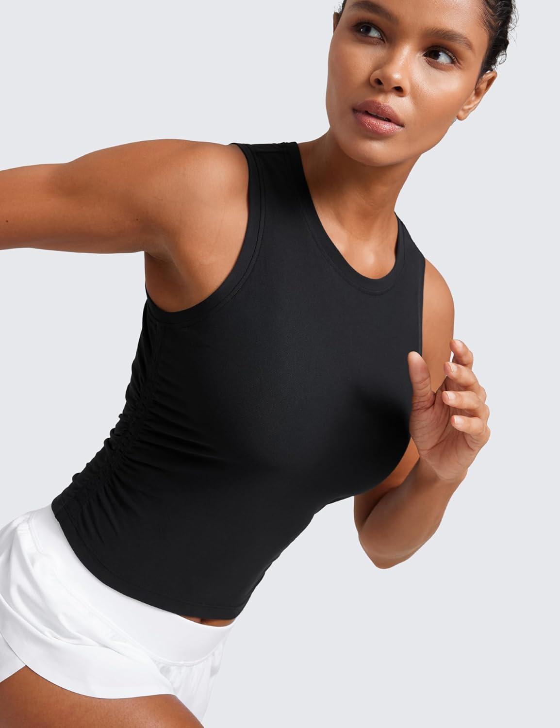 imageCRZ YOGA Cloudweight Womens Ruched Tank High Neck Workout Fitted Tops Basic Yoga Athletic Sleeveless ShirtsBlack