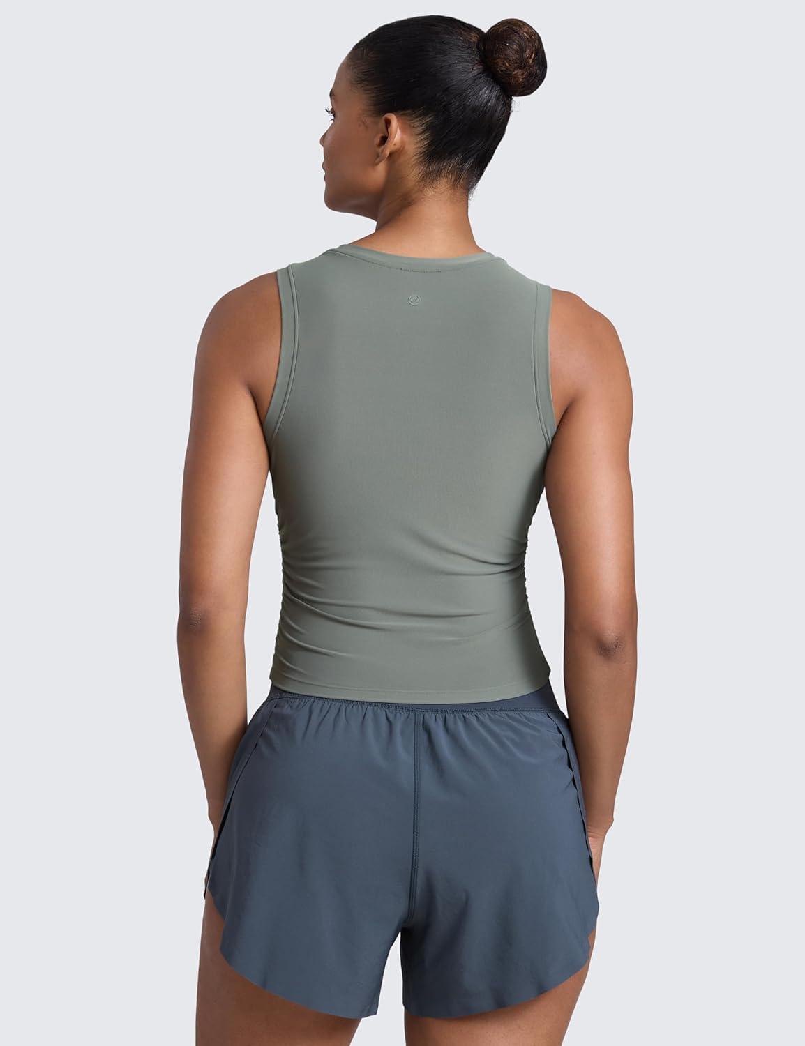 imageCRZ YOGA Cloudweight Womens Ruched Tank High Neck Workout Fitted Tops Basic Yoga Athletic Sleeveless ShirtsGrey Sage