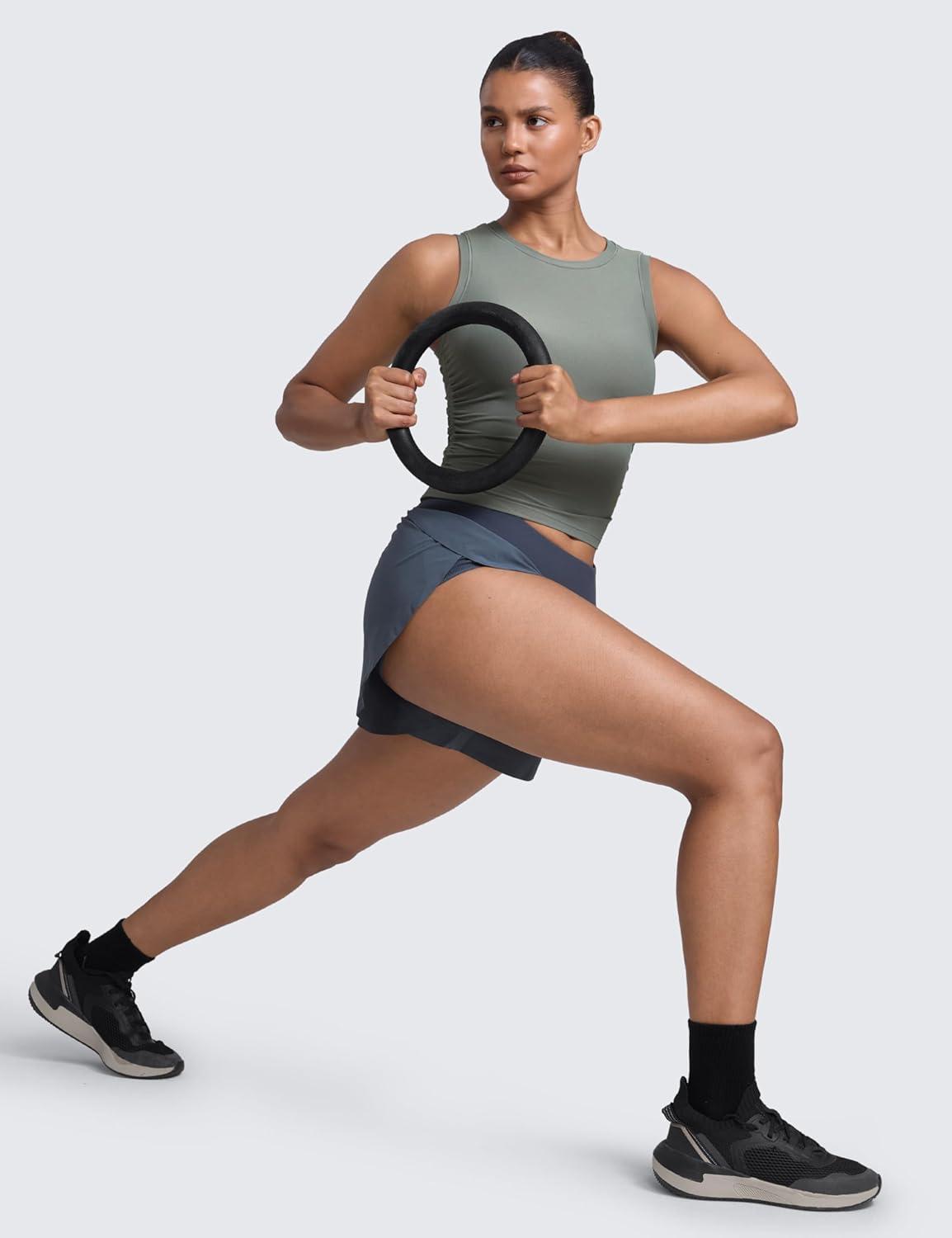 imageCRZ YOGA Cloudweight Womens Ruched Tank High Neck Workout Fitted Tops Basic Yoga Athletic Sleeveless ShirtsGrey Sage