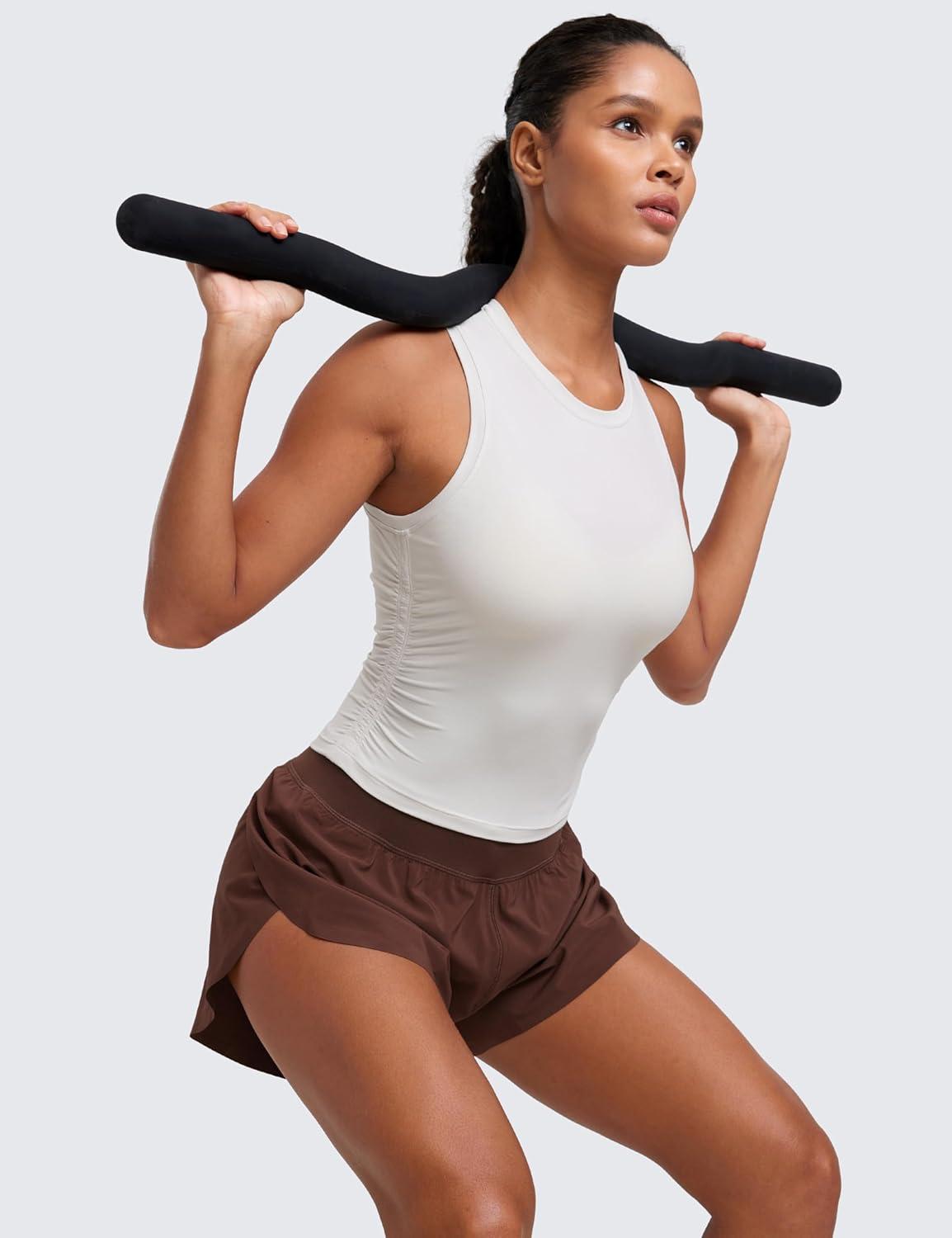 imageCRZ YOGA Cloudweight Womens Ruched Tank High Neck Workout Fitted Tops Basic Yoga Athletic Sleeveless ShirtsMilky White Bone