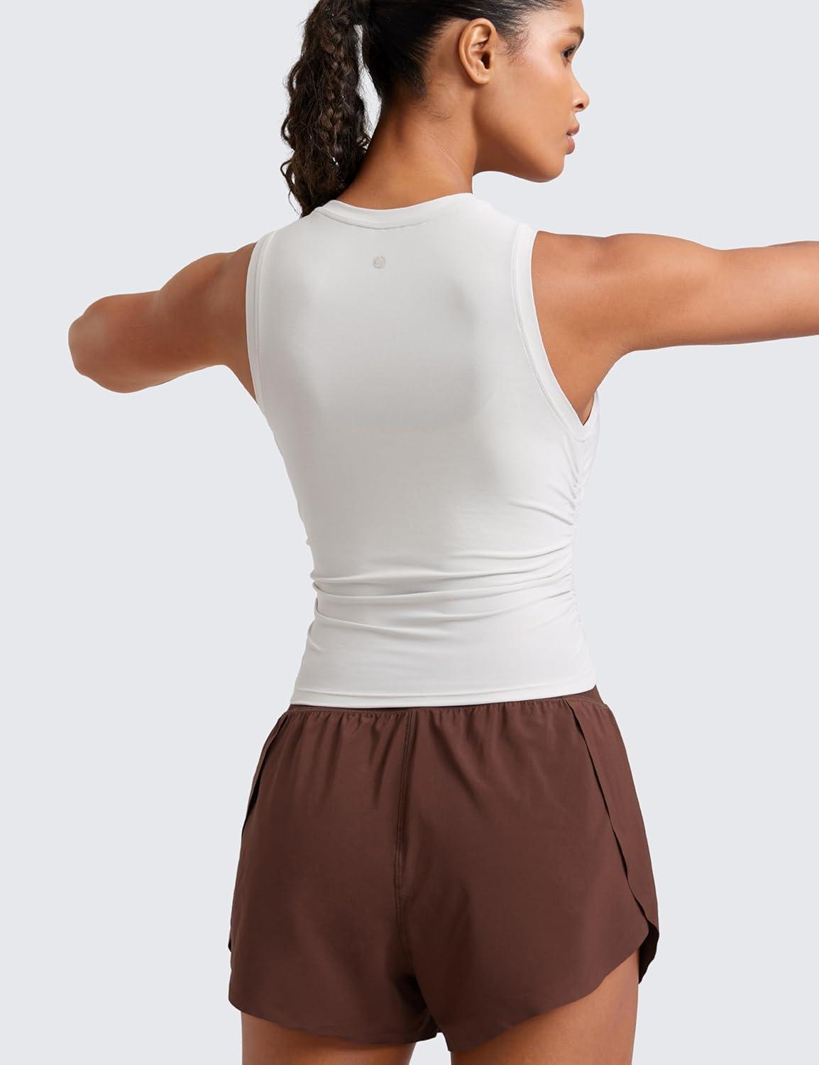 imageCRZ YOGA Cloudweight Womens Ruched Tank High Neck Workout Fitted Tops Basic Yoga Athletic Sleeveless ShirtsMilky White Bone
