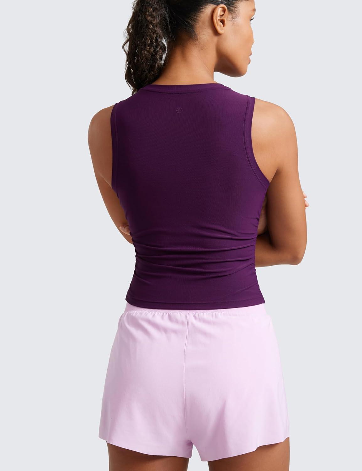 imageCRZ YOGA Cloudweight Womens Ruched Tank High Neck Workout Fitted Tops Basic Yoga Athletic Sleeveless ShirtsPlum Magenta