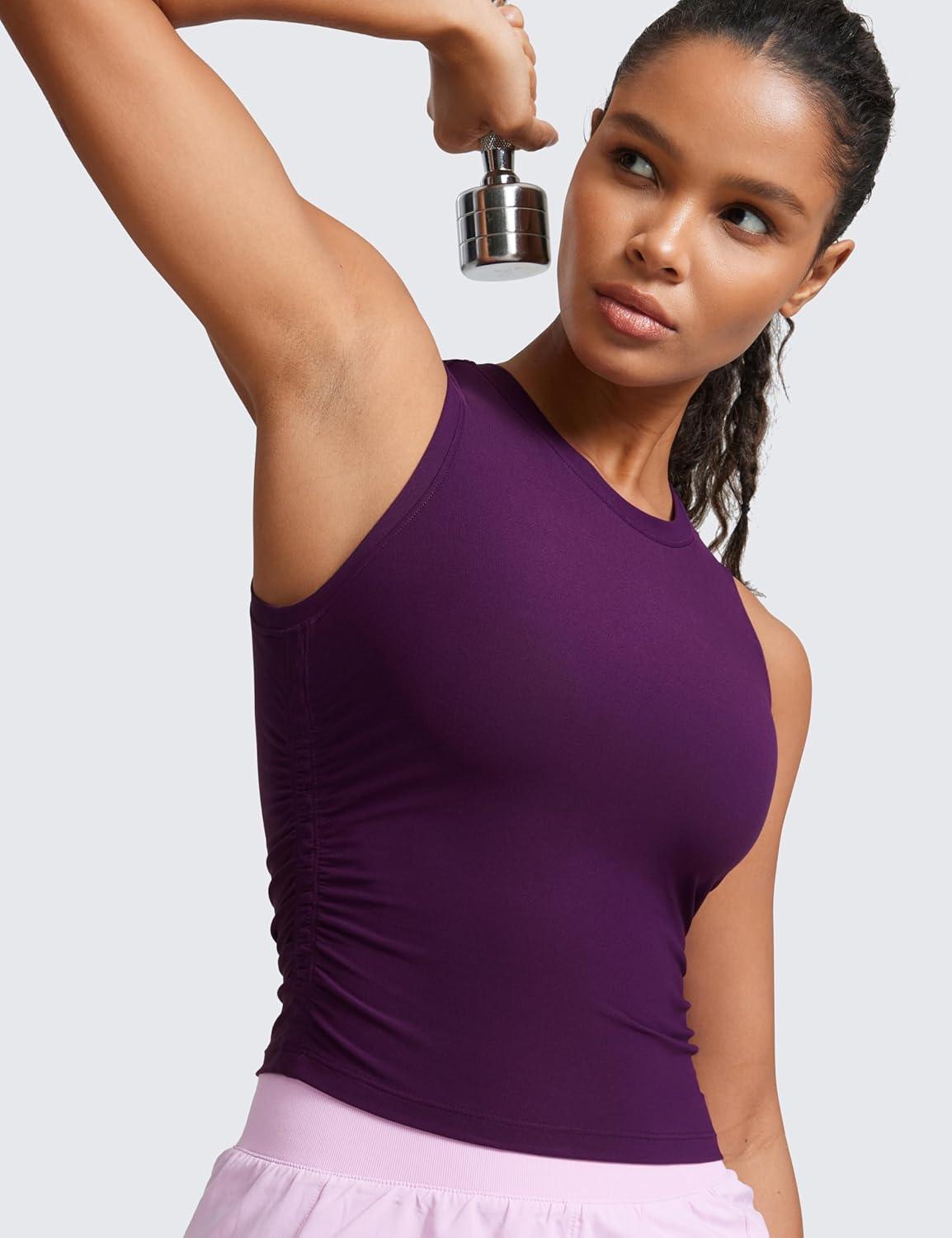 imageCRZ YOGA Cloudweight Womens Ruched Tank High Neck Workout Fitted Tops Basic Yoga Athletic Sleeveless ShirtsPlum Magenta