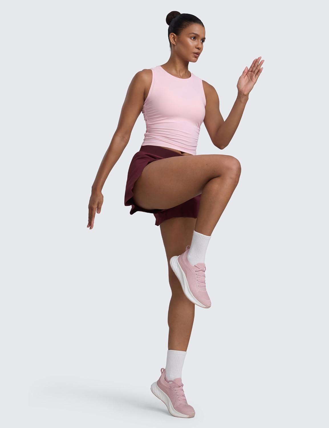 imageCRZ YOGA Cloudweight Womens Ruched Tank High Neck Workout Fitted Tops Basic Yoga Athletic Sleeveless ShirtsStrawberry Pink