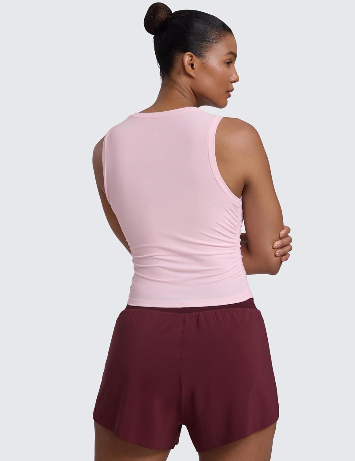 imageCRZ YOGA Cloudweight Womens Ruched Tank High Neck Workout Fitted Tops Basic Yoga Athletic Sleeveless ShirtsStrawberry Pink