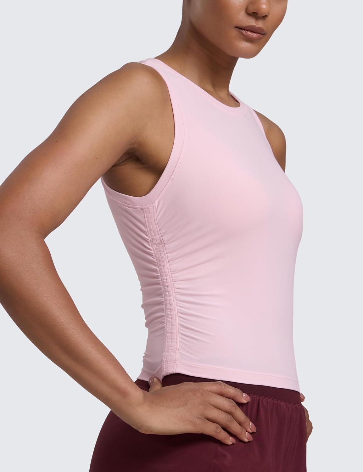 imageCRZ YOGA Cloudweight Womens Ruched Tank High Neck Workout Fitted Tops Basic Yoga Athletic Sleeveless ShirtsStrawberry Pink