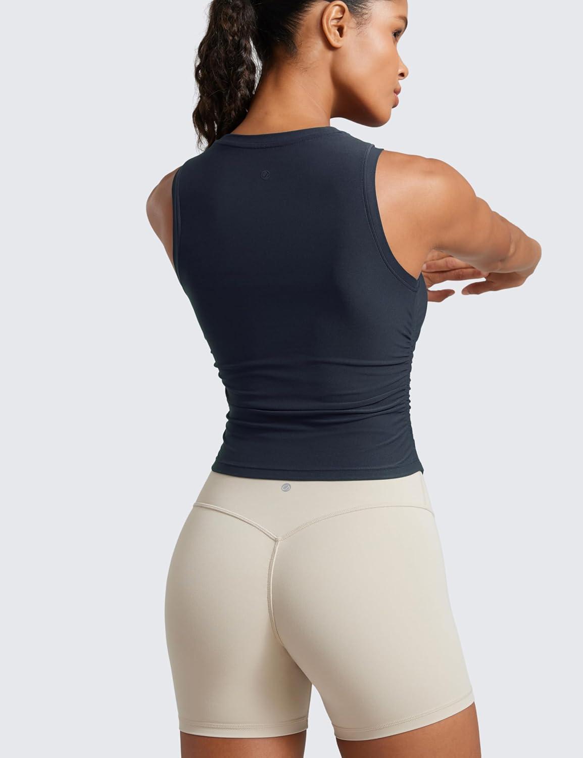 imageCRZ YOGA Cloudweight Womens Ruched Tank High Neck Workout Fitted Tops Basic Yoga Athletic Sleeveless ShirtsTrue Navy
