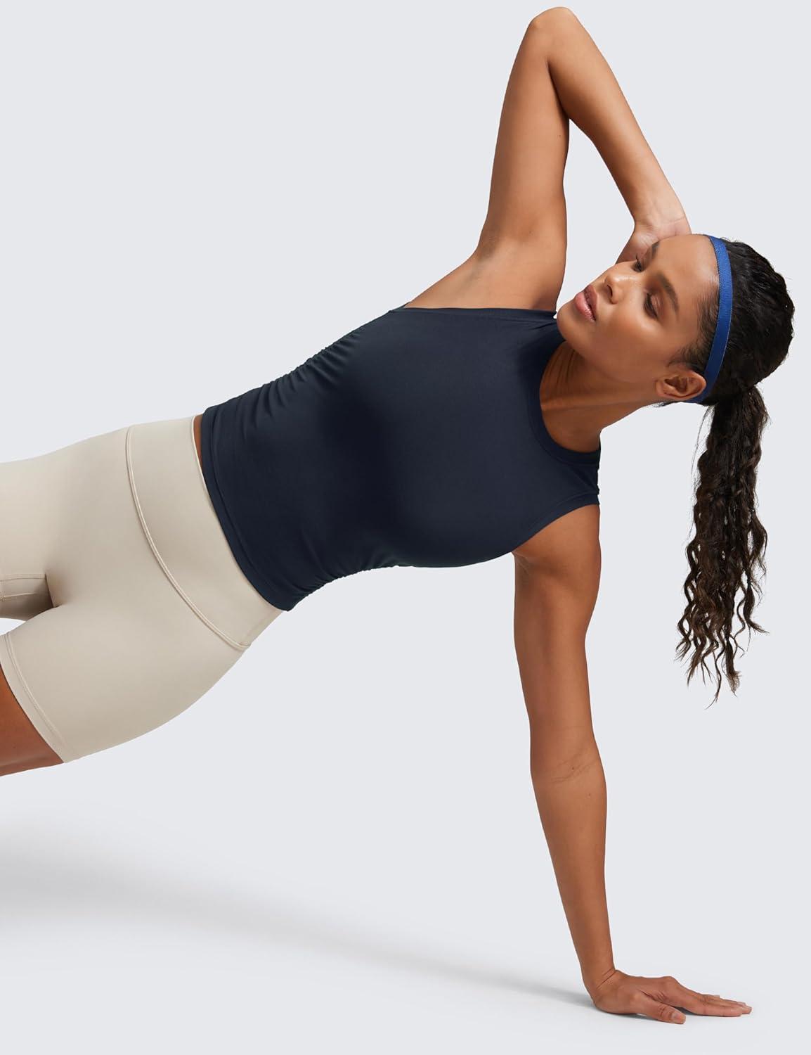 imageCRZ YOGA Cloudweight Womens Ruched Tank High Neck Workout Fitted Tops Basic Yoga Athletic Sleeveless ShirtsTrue Navy