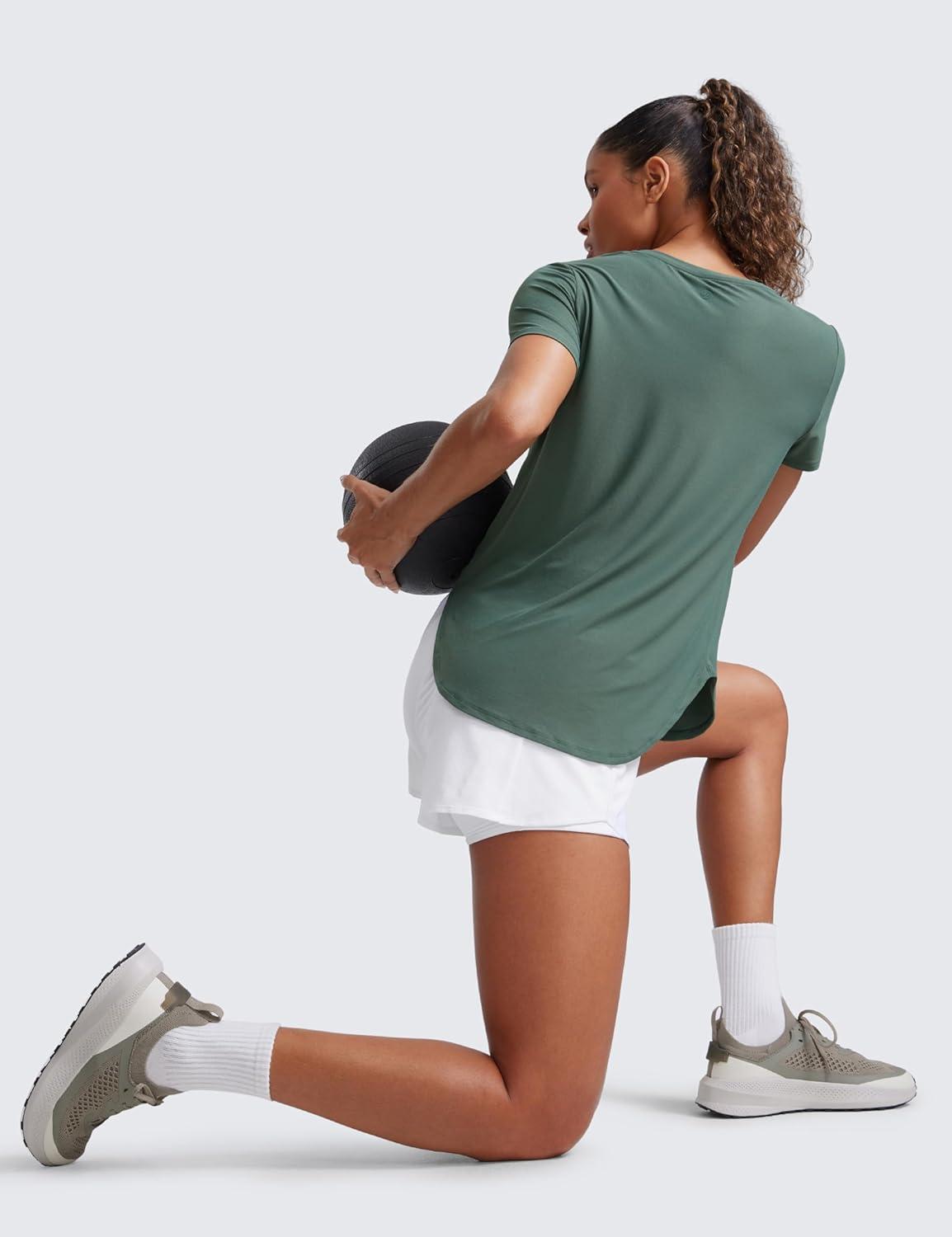 imageCRZ YOGA Cloudweight Workout Tops for Women Lightweight Athletic Short Sleeve Shirts Gym Running Side Slit TShirtsGraphite Green
