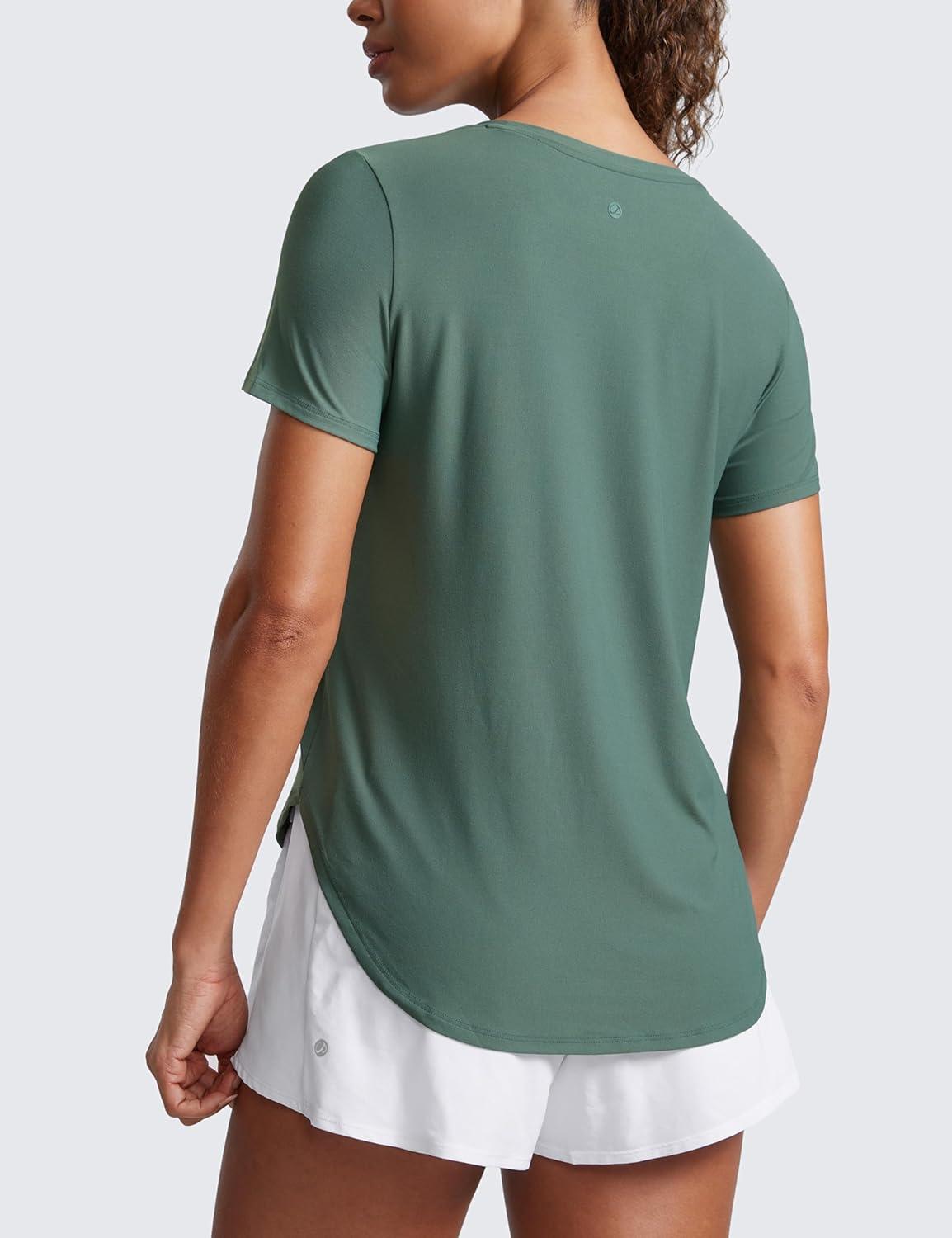 imageCRZ YOGA Cloudweight Workout Tops for Women Lightweight Athletic Short Sleeve Shirts Gym Running Side Slit TShirtsGraphite Green