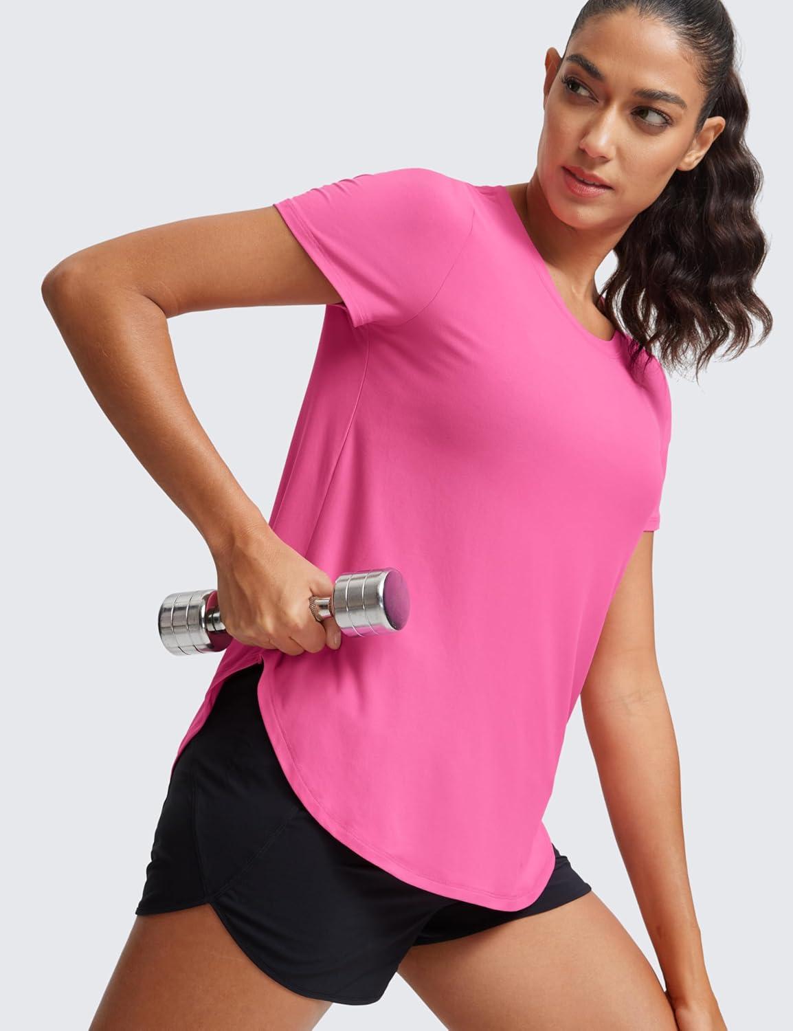 imageCRZ YOGA Cloudweight Workout Tops for Women Lightweight Athletic Short Sleeve Shirts Gym Running Side Slit TShirtsMagenta