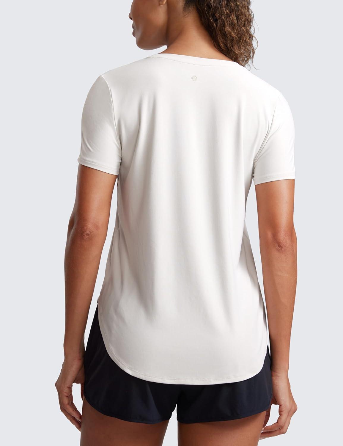 imageCRZ YOGA Cloudweight Workout Tops for Women Lightweight Athletic Short Sleeve Shirts Gym Running Side Slit TShirtsMilky White Bone