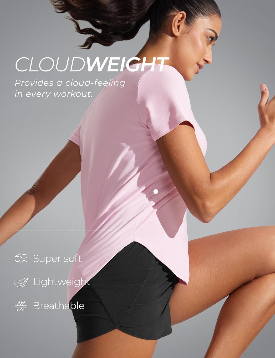 imageCRZ YOGA Cloudweight Workout Tops for Women Lightweight Athletic Short Sleeve Shirts Gym Running Side Slit TShirtsPink Peony