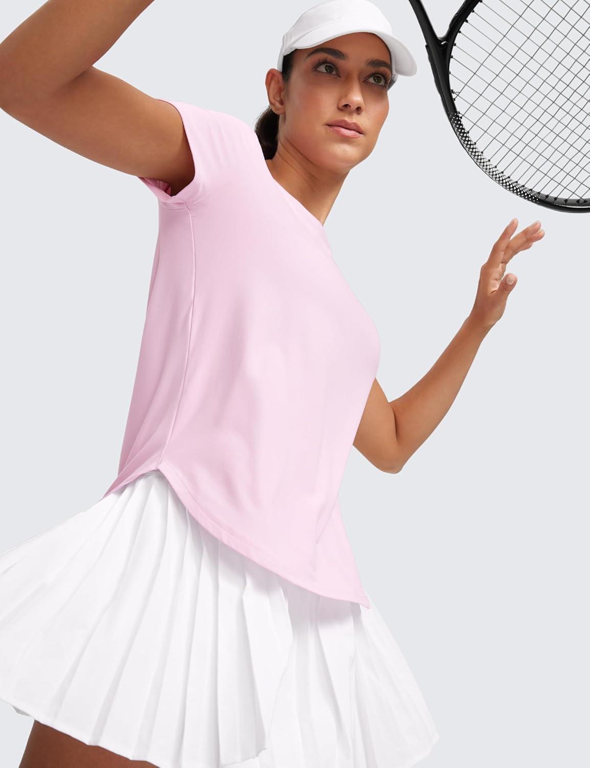 imageCRZ YOGA Cloudweight Workout Tops for Women Lightweight Athletic Short Sleeve Shirts Gym Running Side Slit TShirtsPink Peony