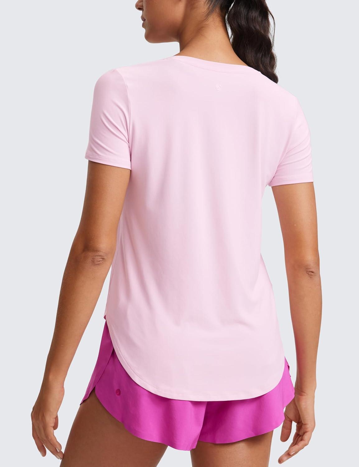 imageCRZ YOGA Cloudweight Workout Tops for Women Lightweight Athletic Short Sleeve Shirts Gym Running Side Slit TShirtsPink Peony