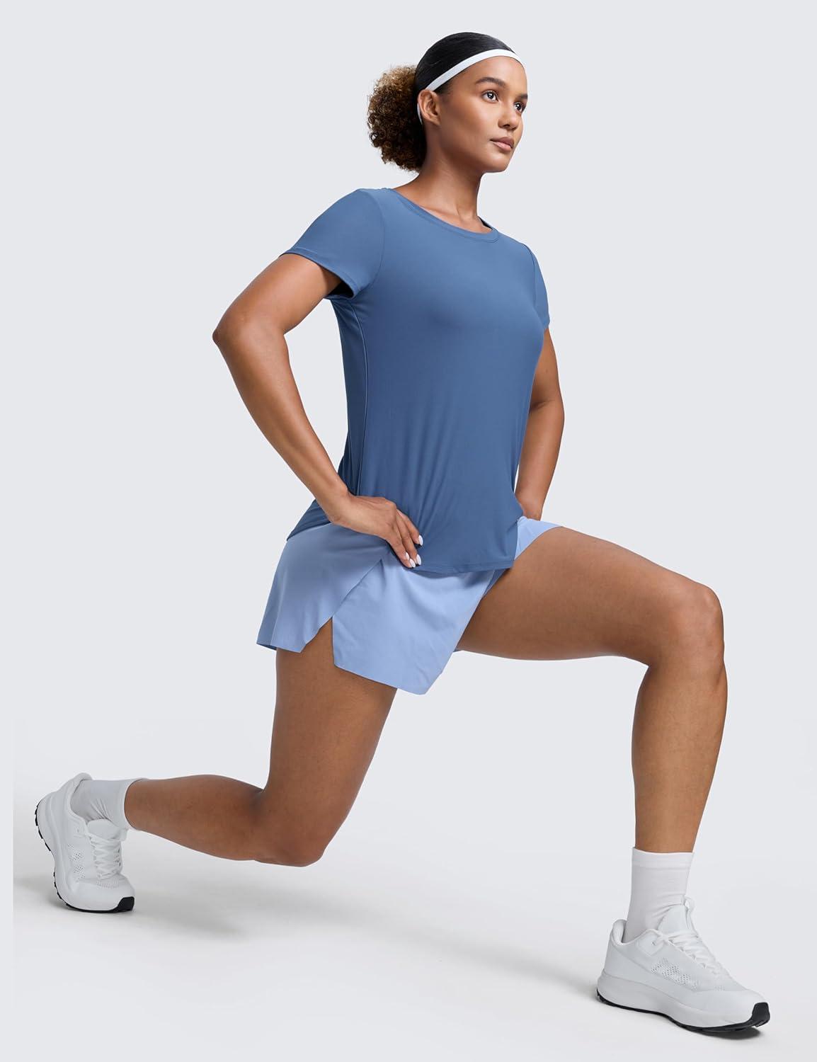 imageCRZ YOGA Cloudweight Workout Tops for Women Lightweight Athletic Short Sleeve Shirts Gym Running Side Slit TShirtsPitch Blue