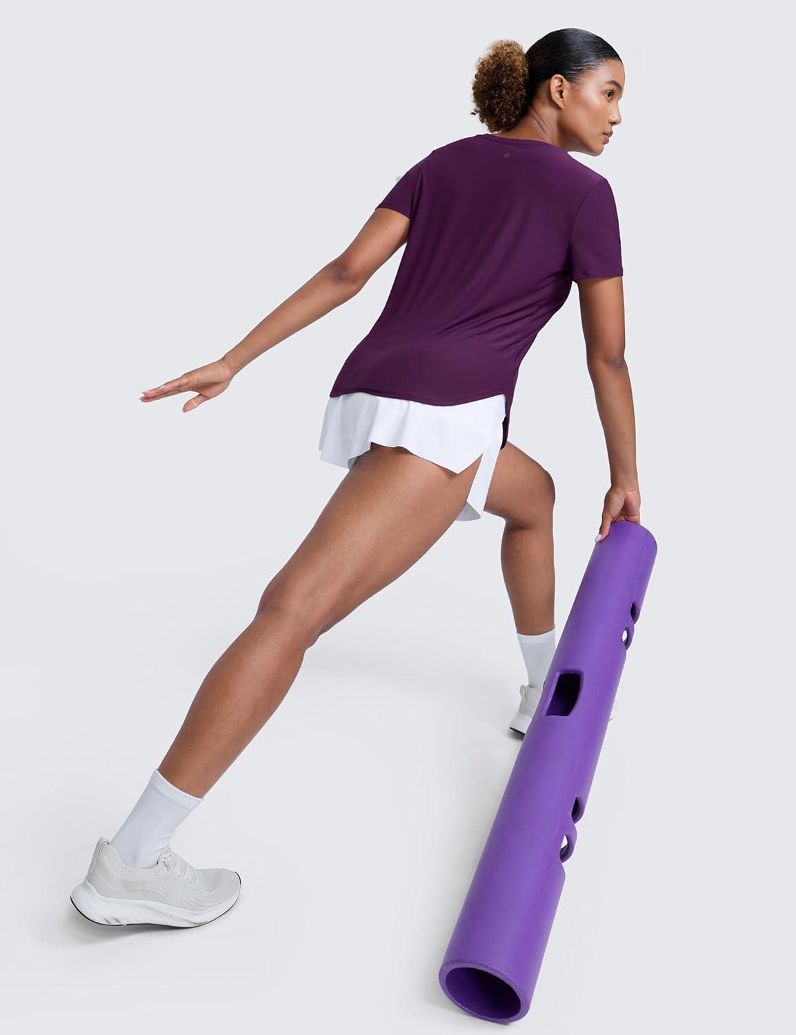 imageCRZ YOGA Cloudweight Workout Tops for Women Lightweight Athletic Short Sleeve Shirts Gym Running Side Slit TShirtsPlum Magenta