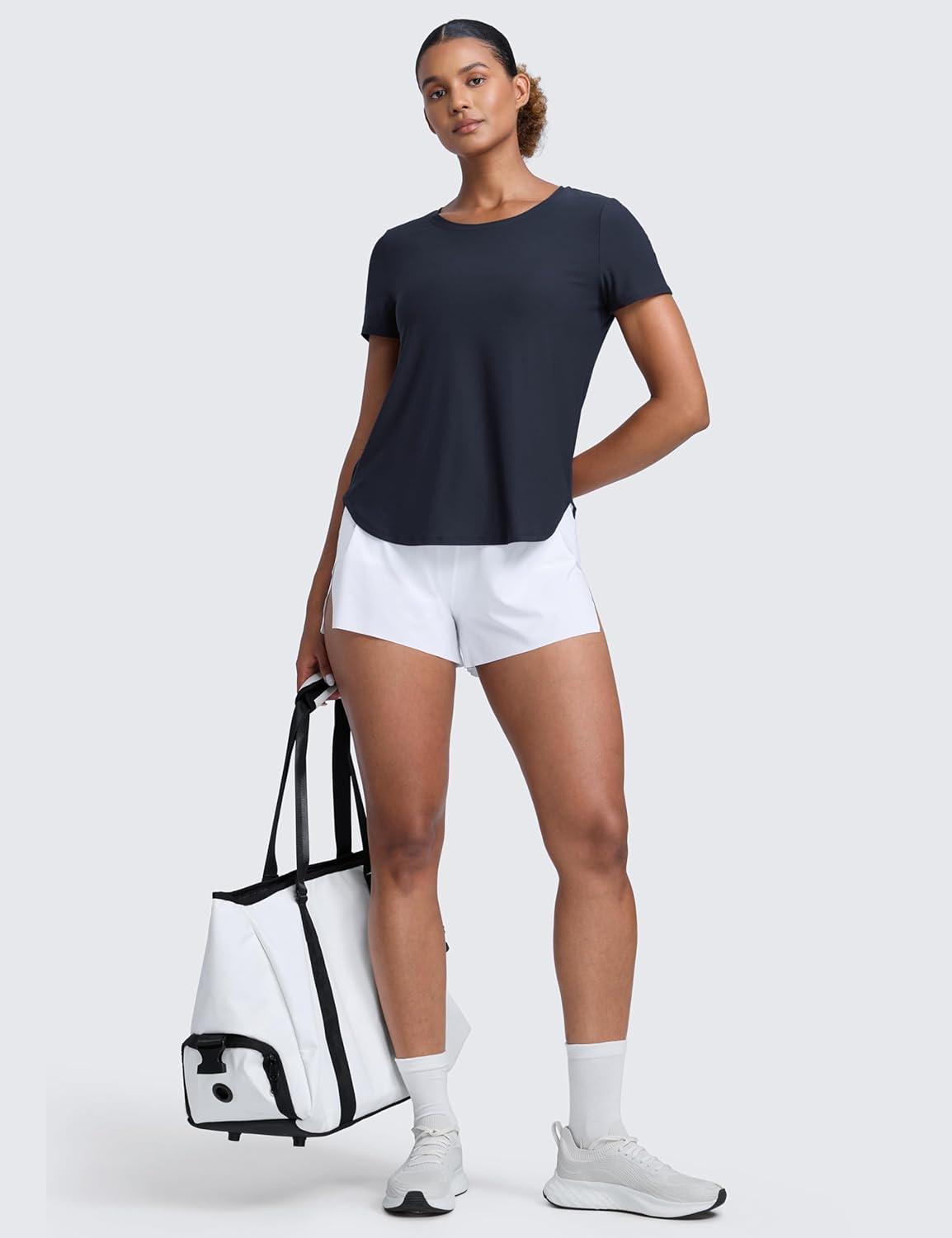 imageCRZ YOGA Cloudweight Workout Tops for Women Lightweight Athletic Short Sleeve Shirts Gym Running Side Slit TShirtsTrue Navy