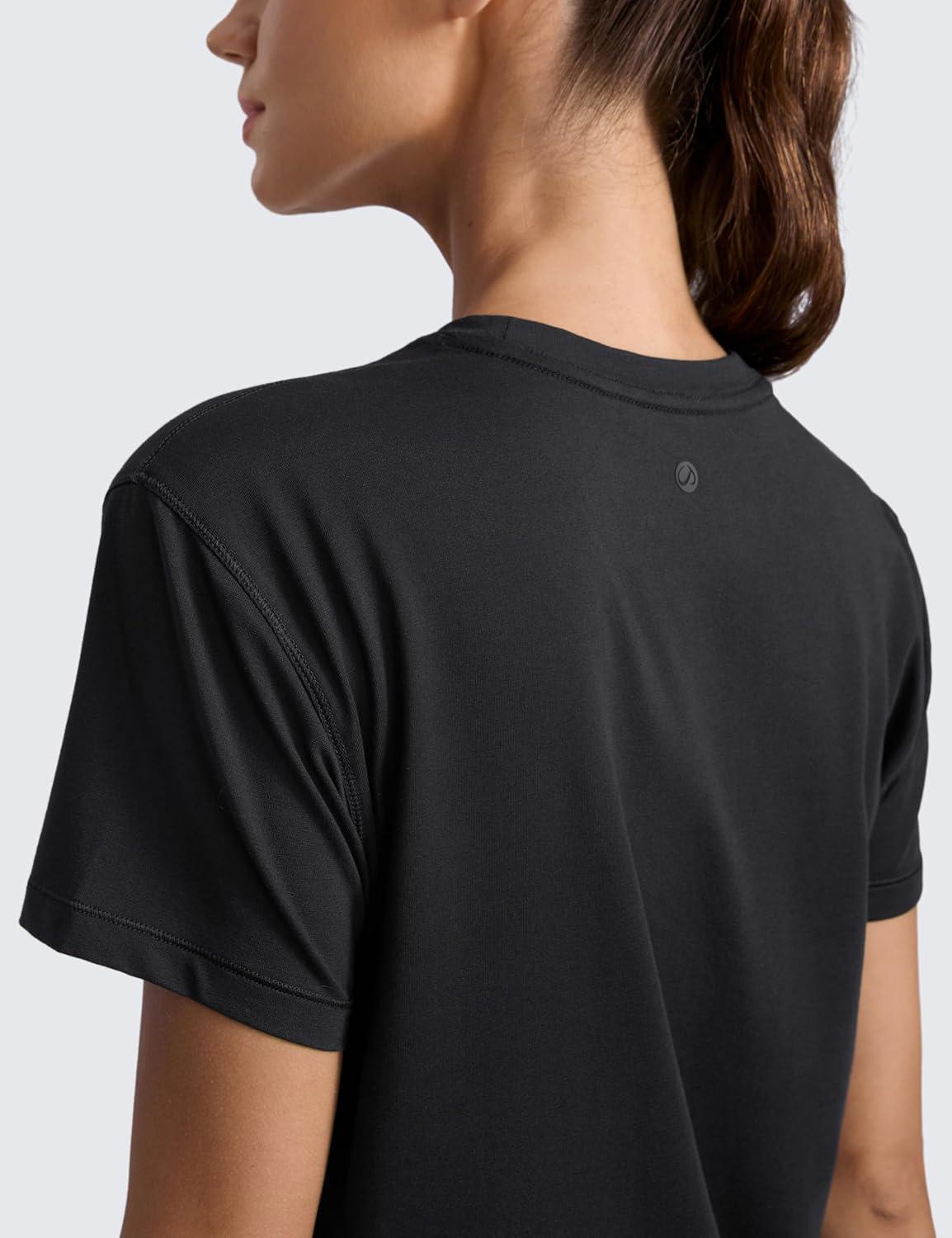 imageCRZ YOGA CottonBlend Crewneck Tops for Women Workout Gym Athletic Casual Short Sleeve Shirts Quick Dry Basic TShirtBlack