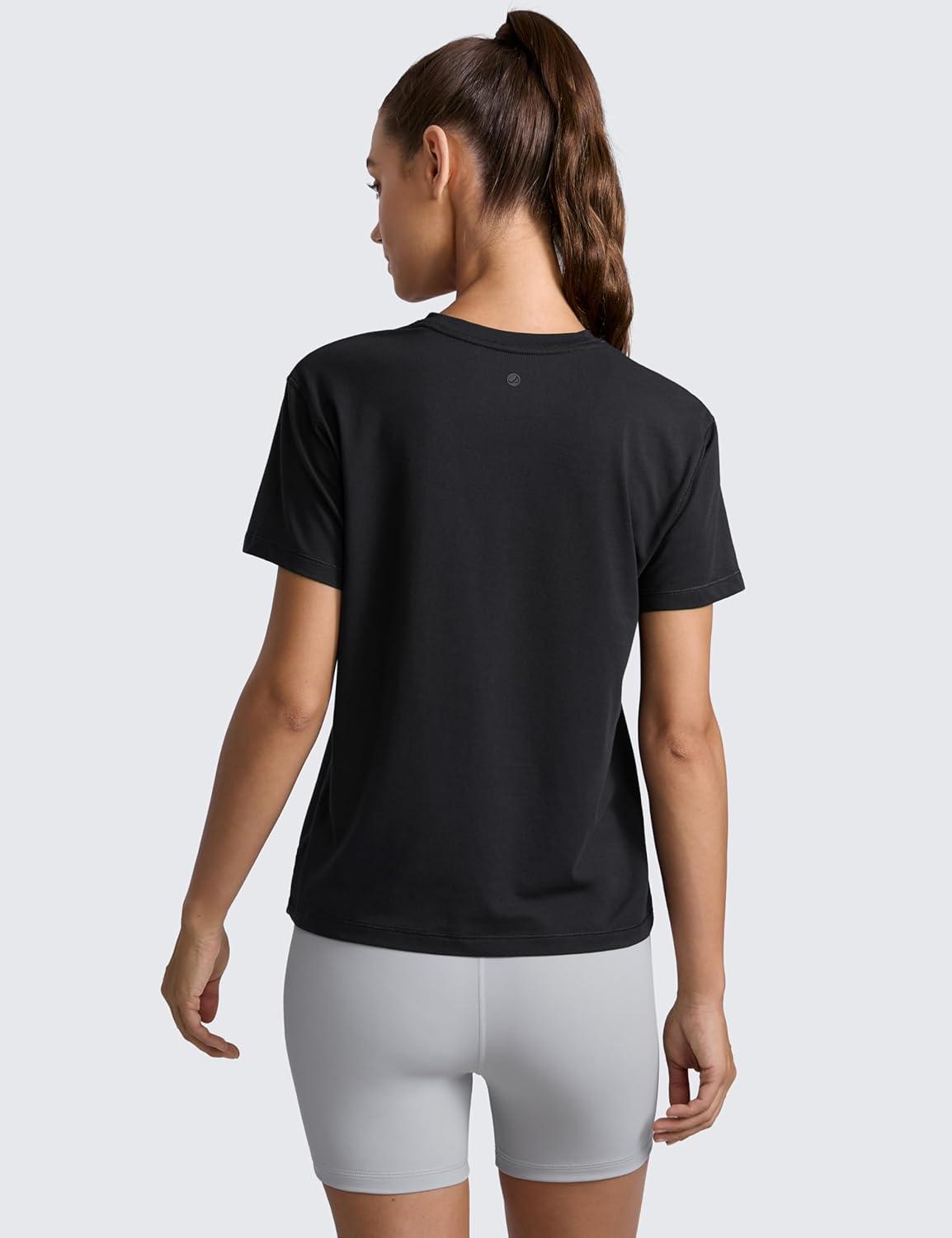 imageCRZ YOGA CottonBlend Crewneck Tops for Women Workout Gym Athletic Casual Short Sleeve Shirts Quick Dry Basic TShirtBlack