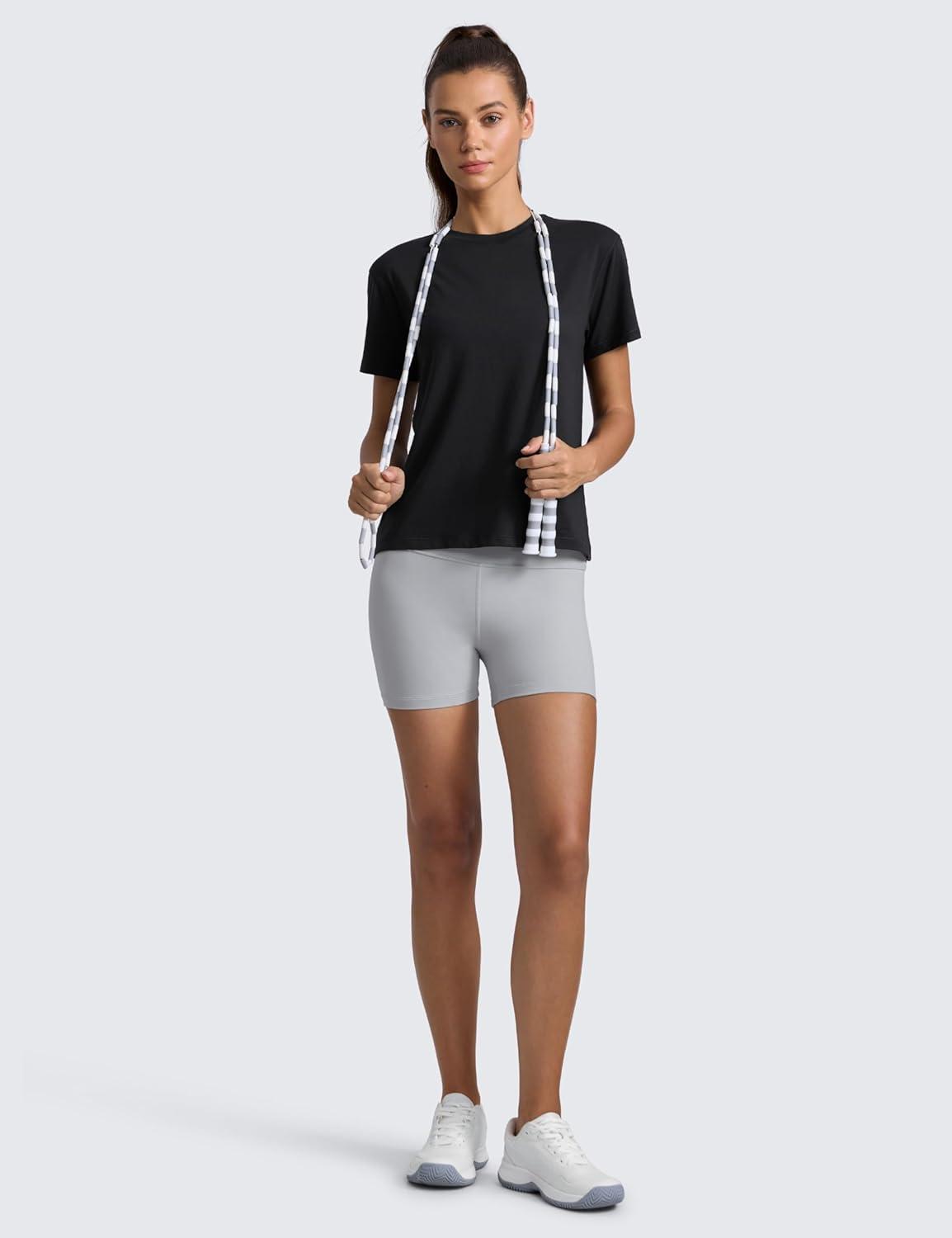 imageCRZ YOGA CottonBlend Crewneck Tops for Women Workout Gym Athletic Casual Short Sleeve Shirts Quick Dry Basic TShirtBlack