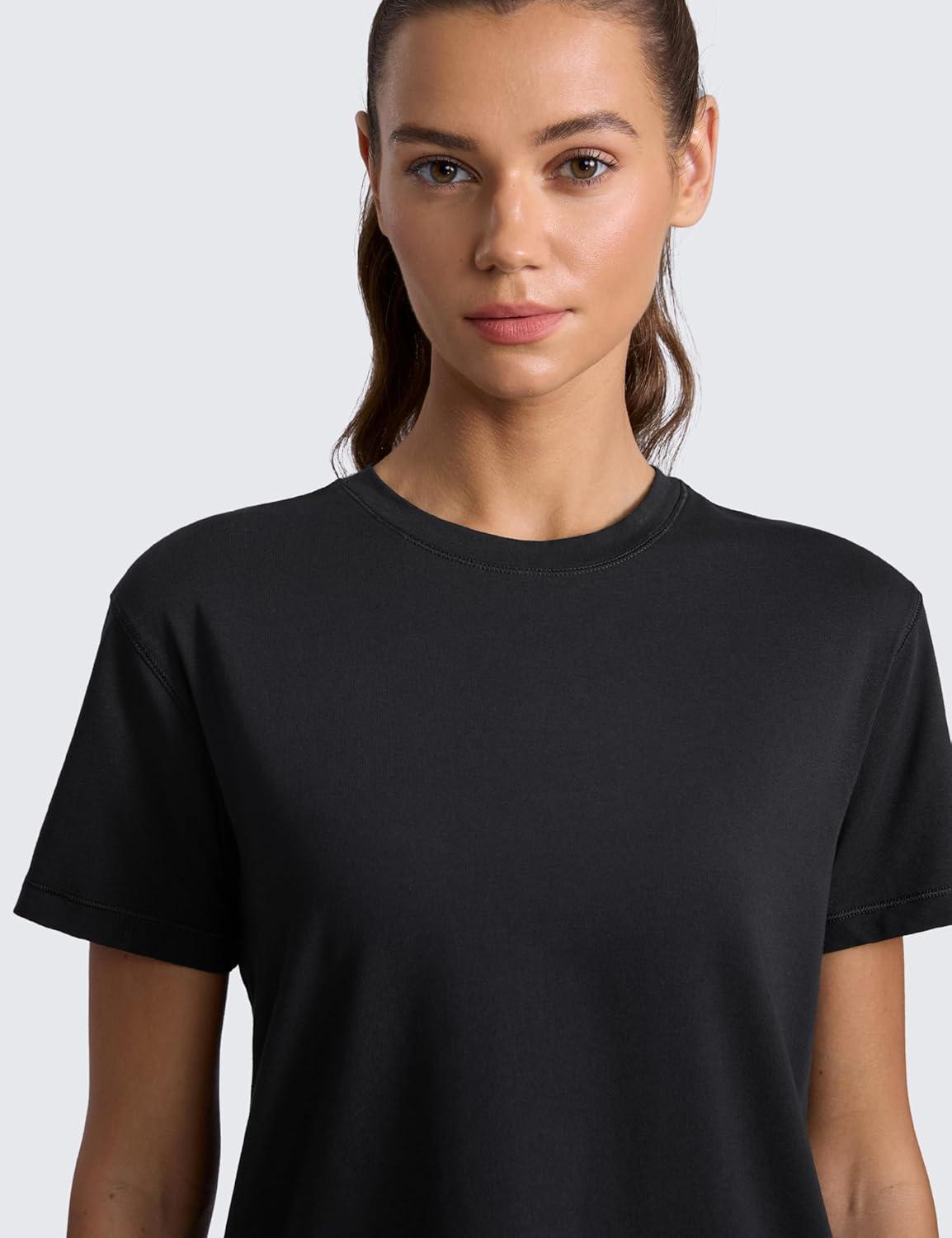 imageCRZ YOGA CottonBlend Crewneck Tops for Women Workout Gym Athletic Casual Short Sleeve Shirts Quick Dry Basic TShirtBlack
