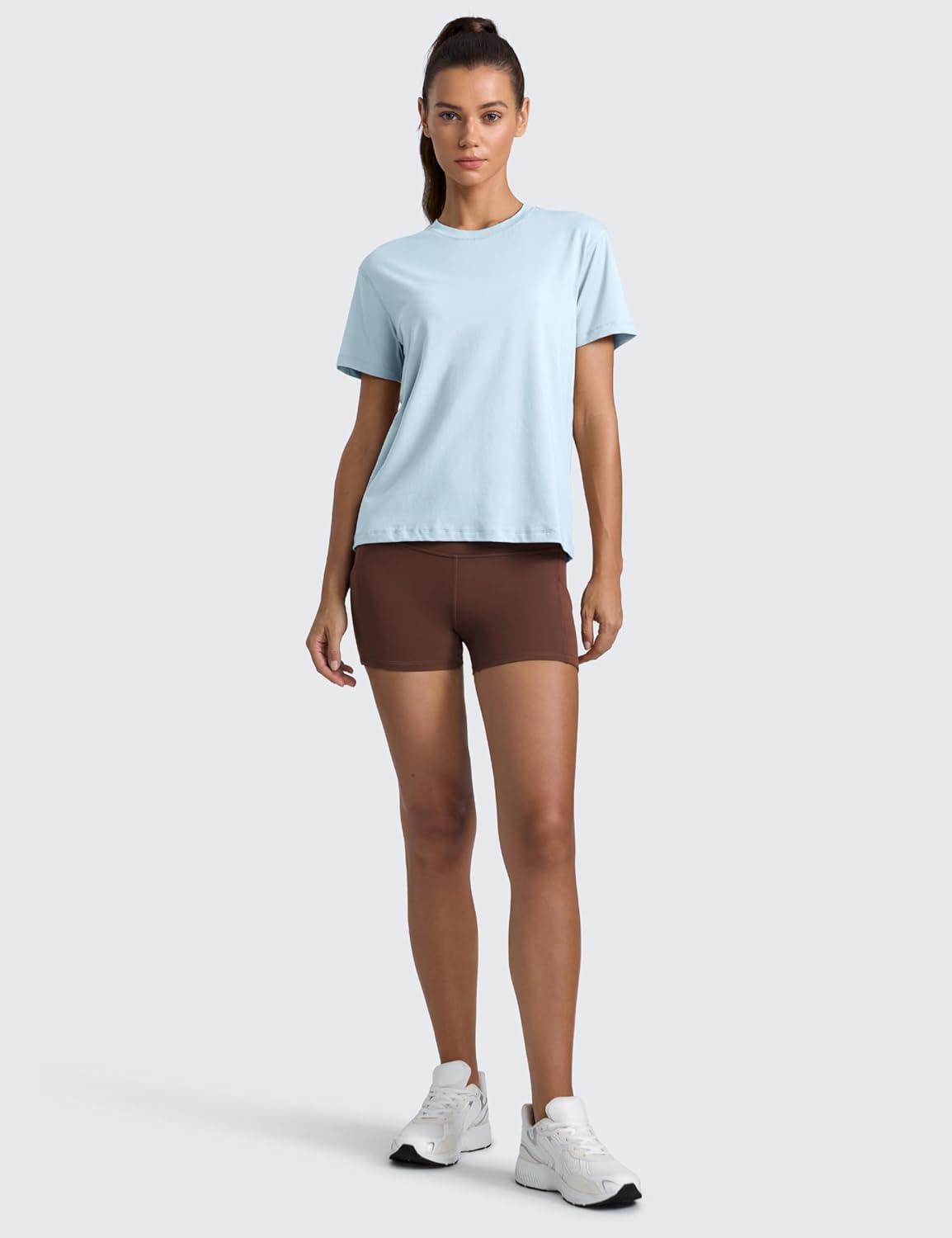 imageCRZ YOGA CottonBlend Crewneck Tops for Women Workout Gym Athletic Casual Short Sleeve Shirts Quick Dry Basic TShirtBlue Linen