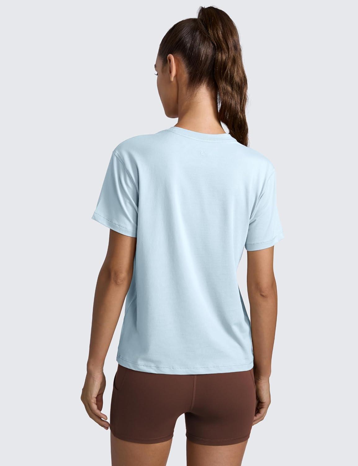 imageCRZ YOGA CottonBlend Crewneck Tops for Women Workout Gym Athletic Casual Short Sleeve Shirts Quick Dry Basic TShirtBlue Linen