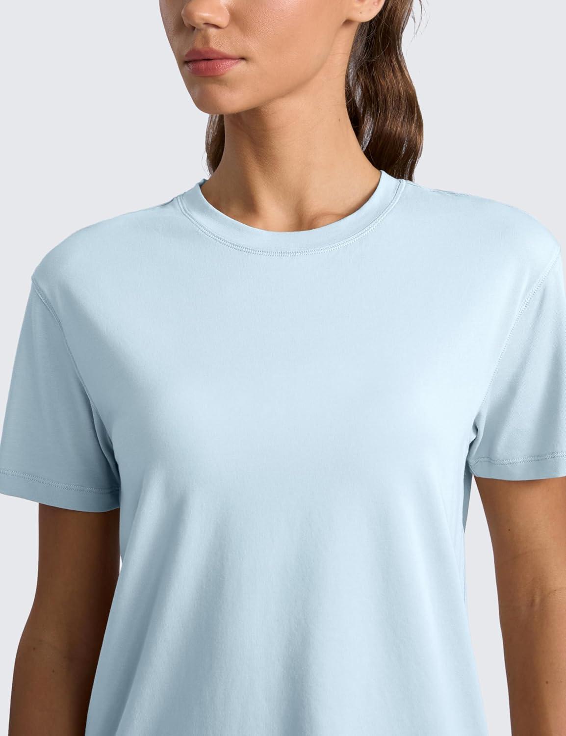 imageCRZ YOGA CottonBlend Crewneck Tops for Women Workout Gym Athletic Casual Short Sleeve Shirts Quick Dry Basic TShirtBlue Linen