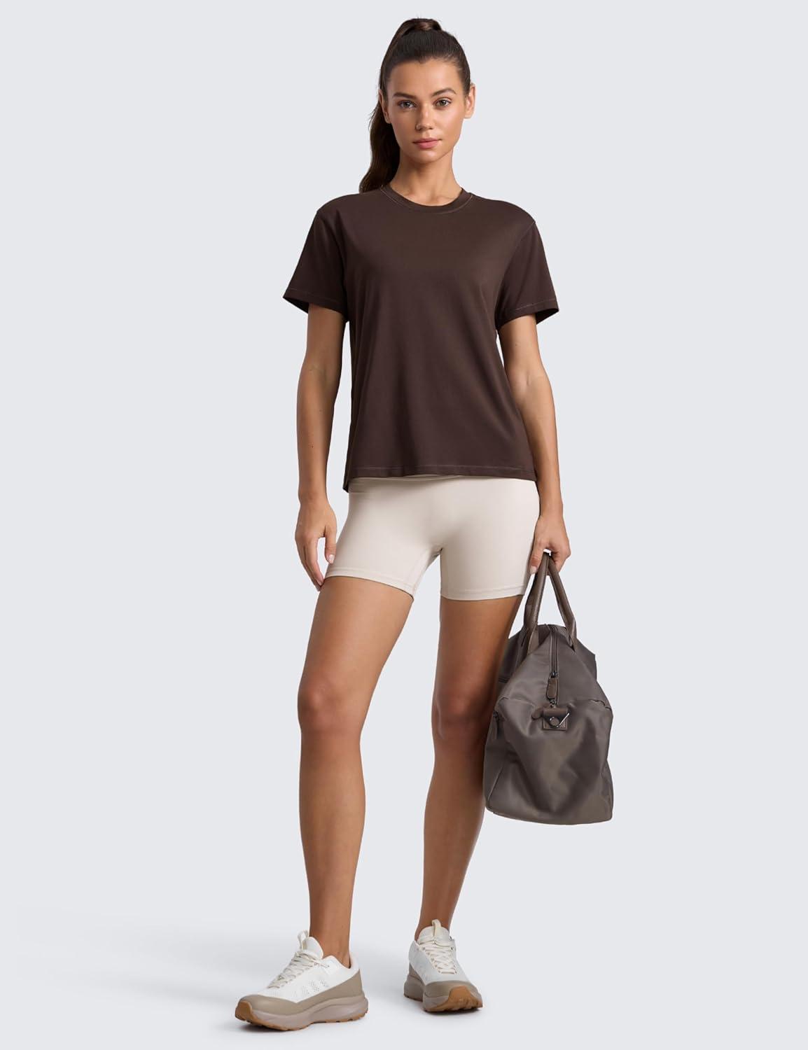 imageCRZ YOGA CottonBlend Crewneck Tops for Women Workout Gym Athletic Casual Short Sleeve Shirts Quick Dry Basic TShirtHot Fudge Brown