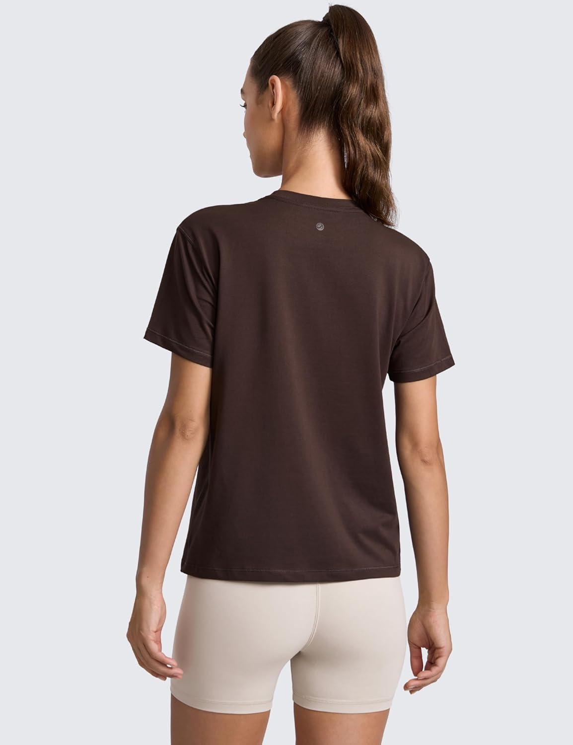imageCRZ YOGA CottonBlend Crewneck Tops for Women Workout Gym Athletic Casual Short Sleeve Shirts Quick Dry Basic TShirtHot Fudge Brown