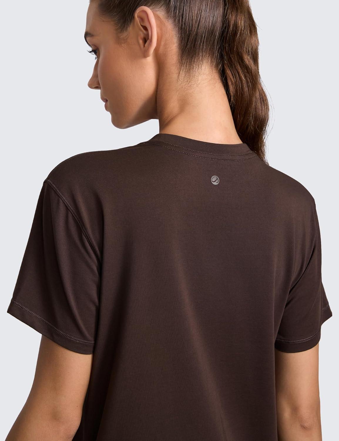 imageCRZ YOGA CottonBlend Crewneck Tops for Women Workout Gym Athletic Casual Short Sleeve Shirts Quick Dry Basic TShirtHot Fudge Brown