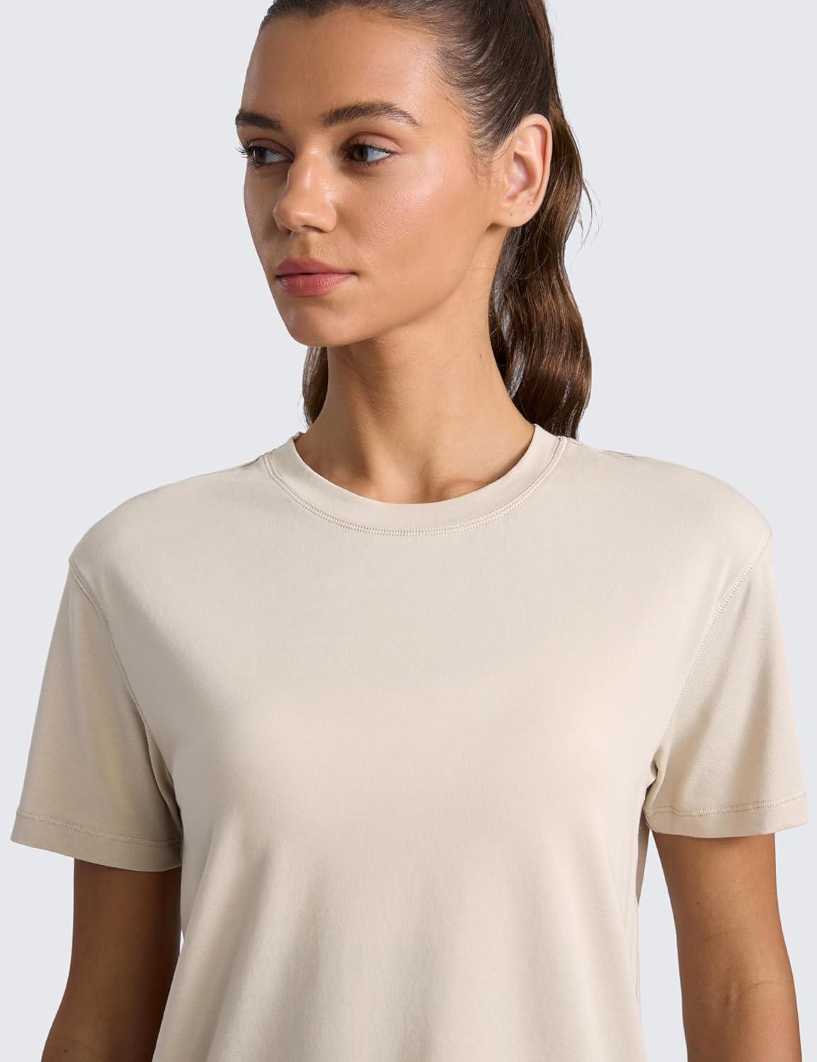imageCRZ YOGA CottonBlend Crewneck Tops for Women Workout Gym Athletic Casual Short Sleeve Shirts Quick Dry Basic TShirtMojave Tan
