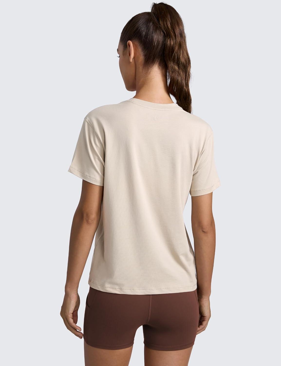 imageCRZ YOGA CottonBlend Crewneck Tops for Women Workout Gym Athletic Casual Short Sleeve Shirts Quick Dry Basic TShirtMojave Tan