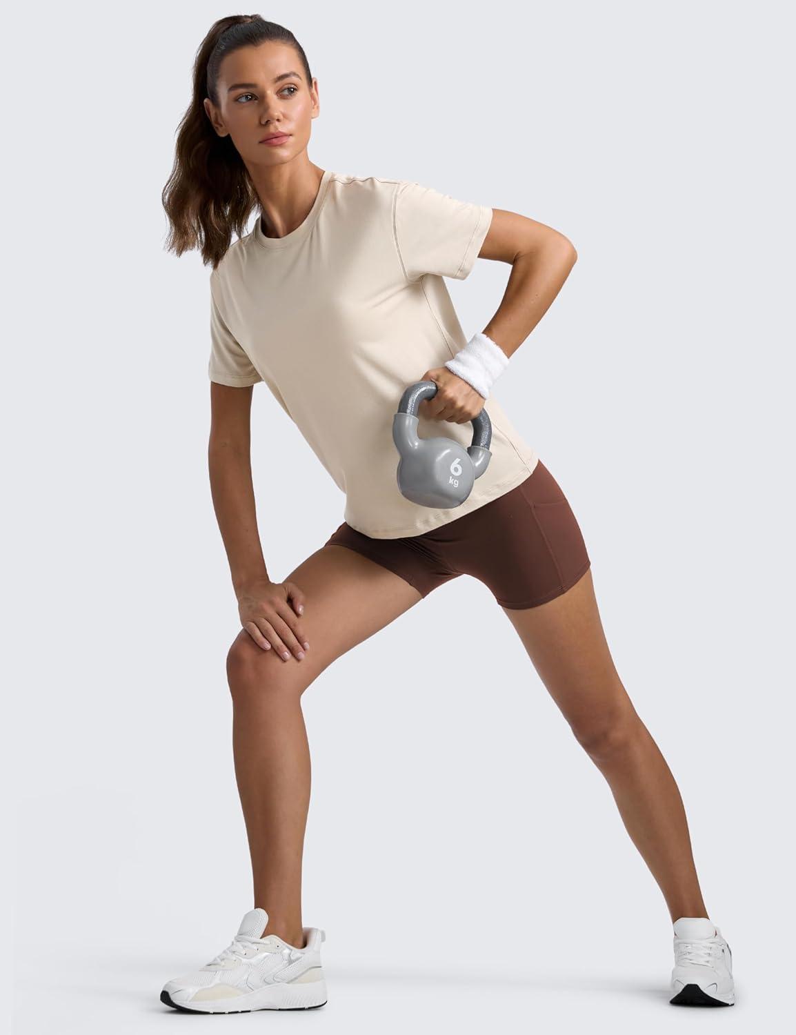 imageCRZ YOGA CottonBlend Crewneck Tops for Women Workout Gym Athletic Casual Short Sleeve Shirts Quick Dry Basic TShirtMojave Tan