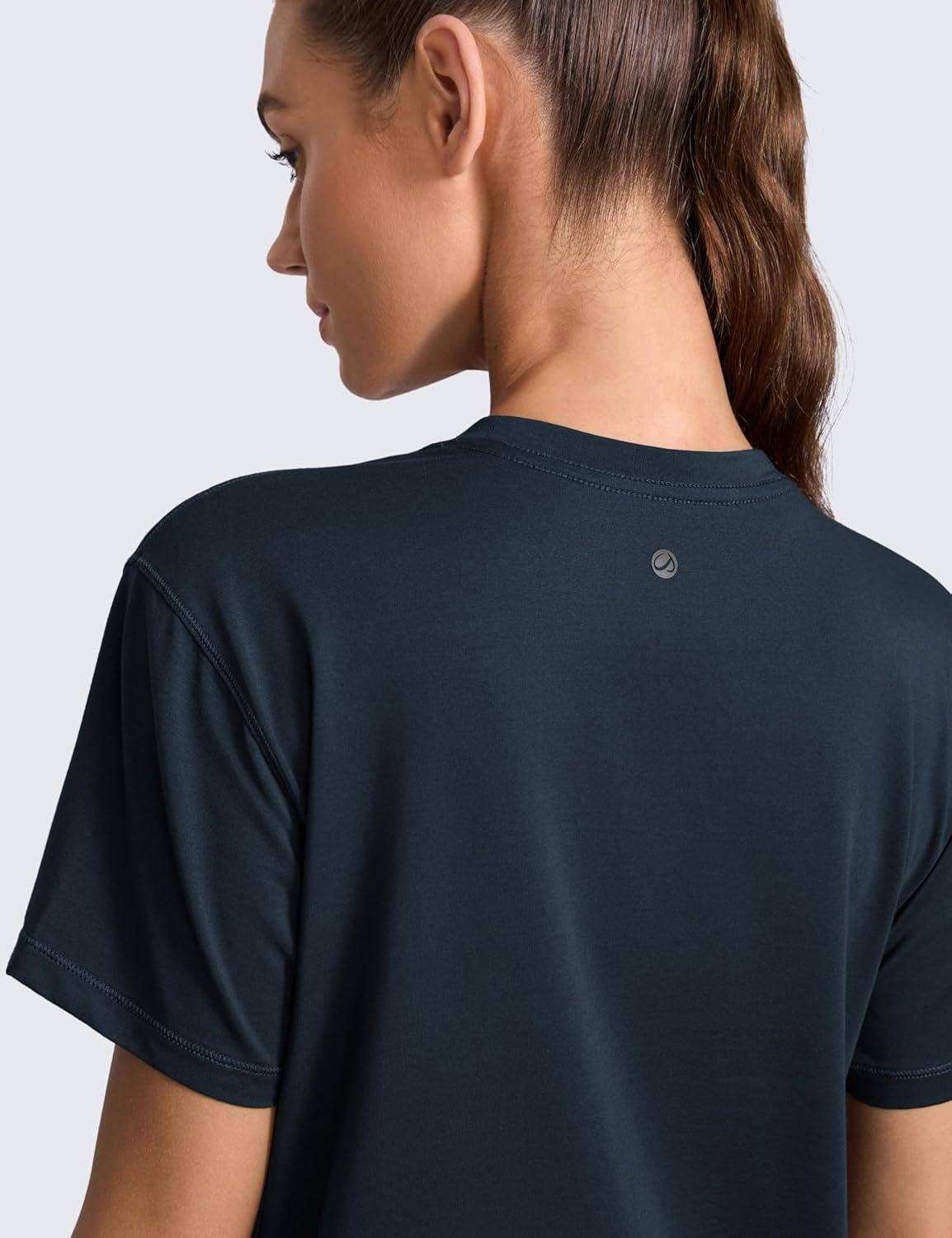 imageCRZ YOGA CottonBlend Crewneck Tops for Women Workout Gym Athletic Casual Short Sleeve Shirts Quick Dry Basic TShirtTrue Navy