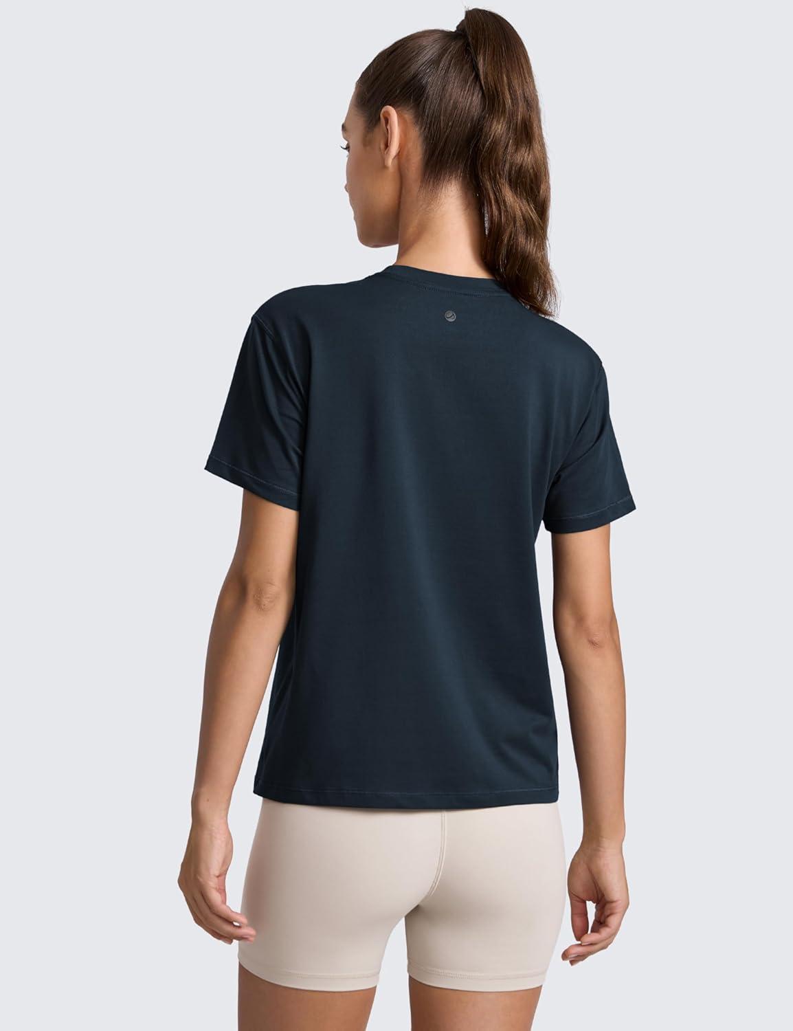 imageCRZ YOGA CottonBlend Crewneck Tops for Women Workout Gym Athletic Casual Short Sleeve Shirts Quick Dry Basic TShirtTrue Navy